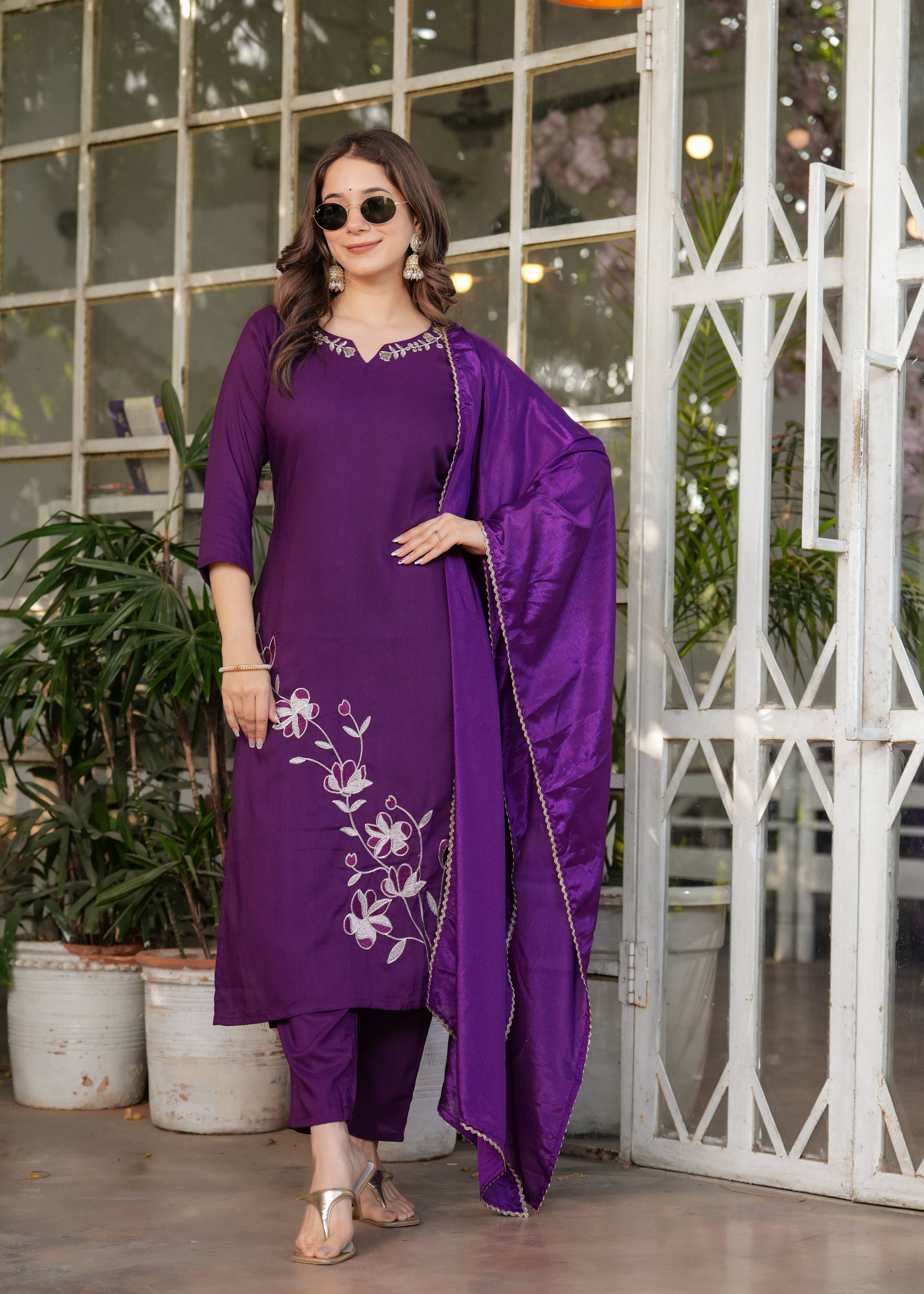 Teeya Creation Wine Color Viscose Rayon Embroidery Work Fully Stitched Kurti Set - Distacart