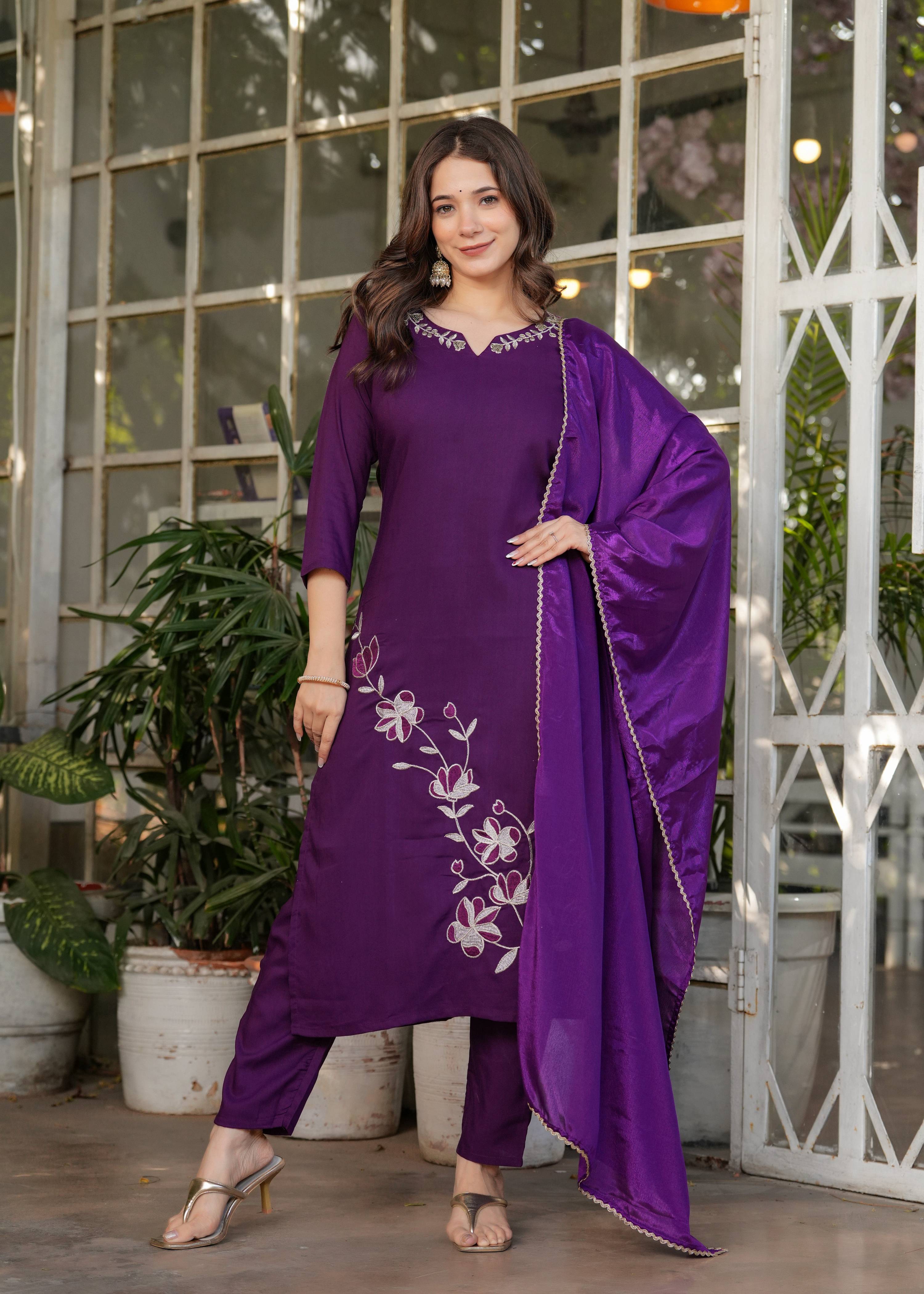Teeya Creation Wine Color Viscose Rayon Embroidery Work Fully Stitched Kurti Set - Distacart
