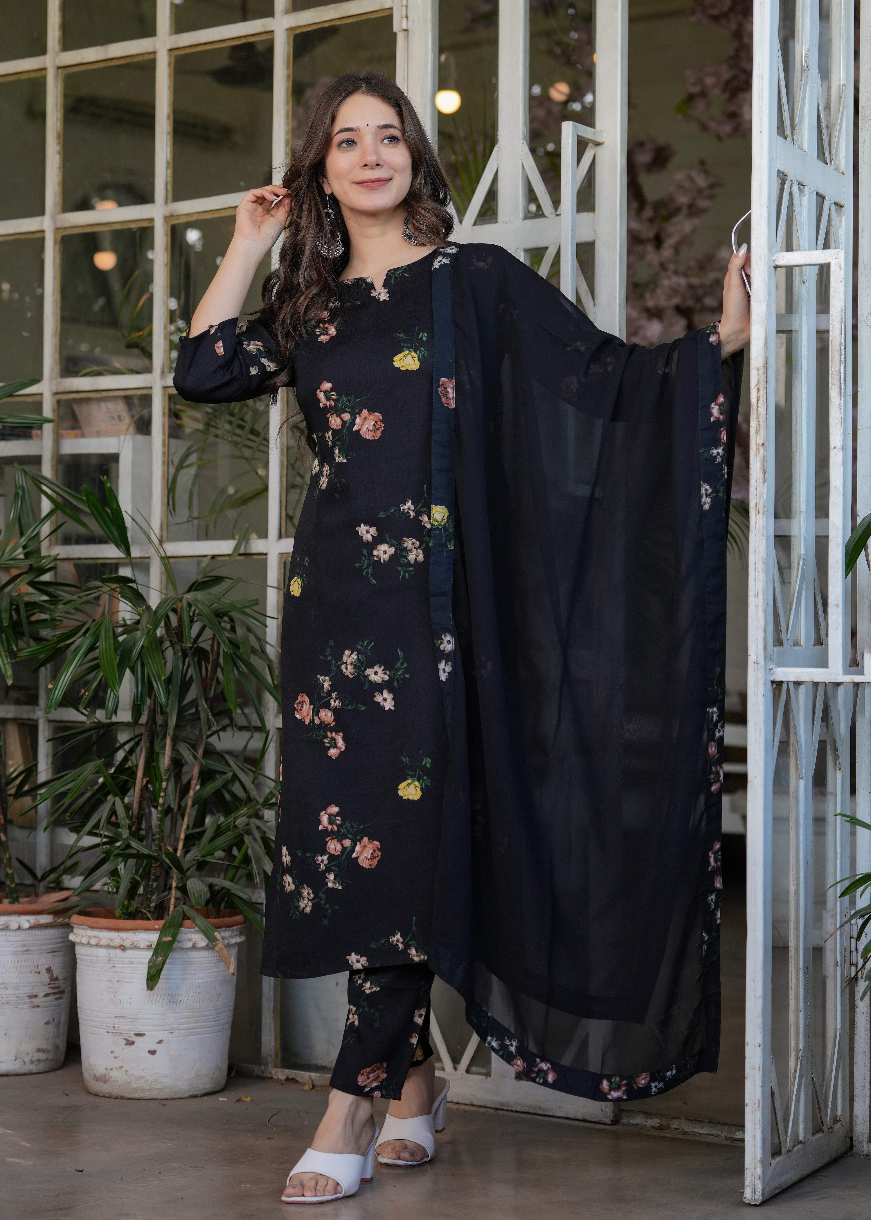 Teeya Creation Black Color Silk Blend Digital Print Fully Stitched Kurti Set - Distacart