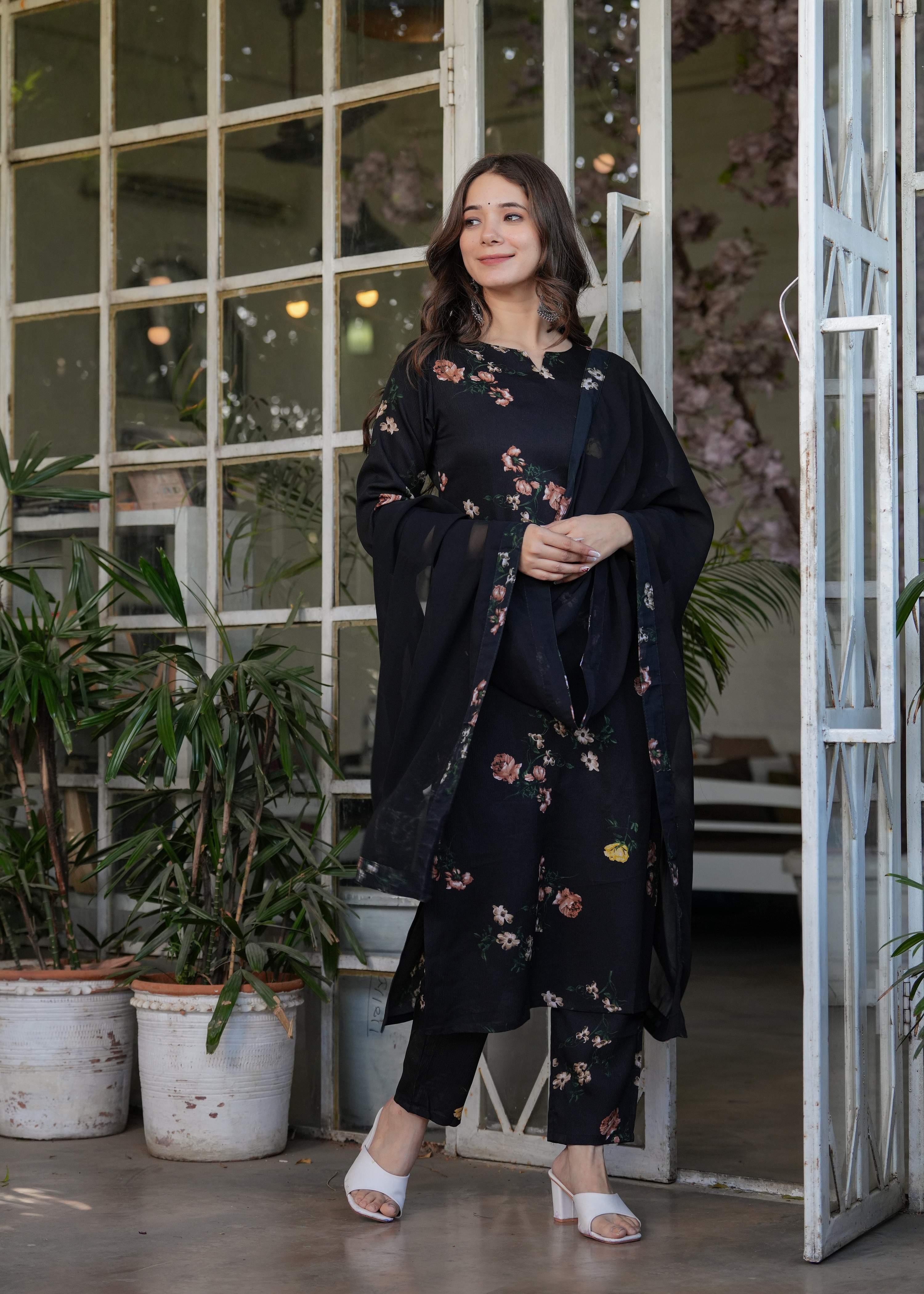Teeya Creation Black Color Silk Blend Digital Print Fully Stitched Kurti Set - Distacart