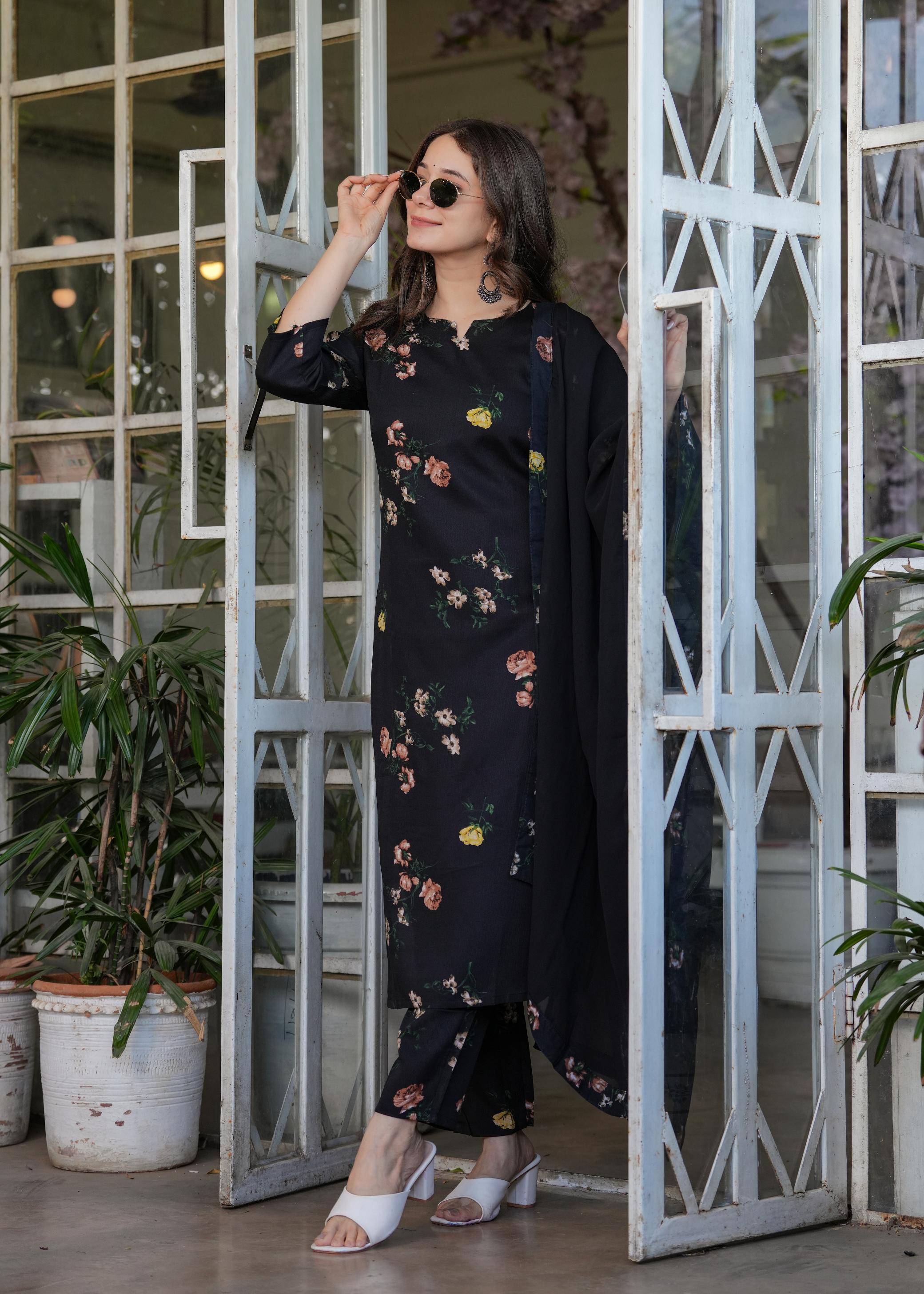 The52 French Crepe Fabric work Straight cut Kurta, Pant and Dupatta Set - Distacart
