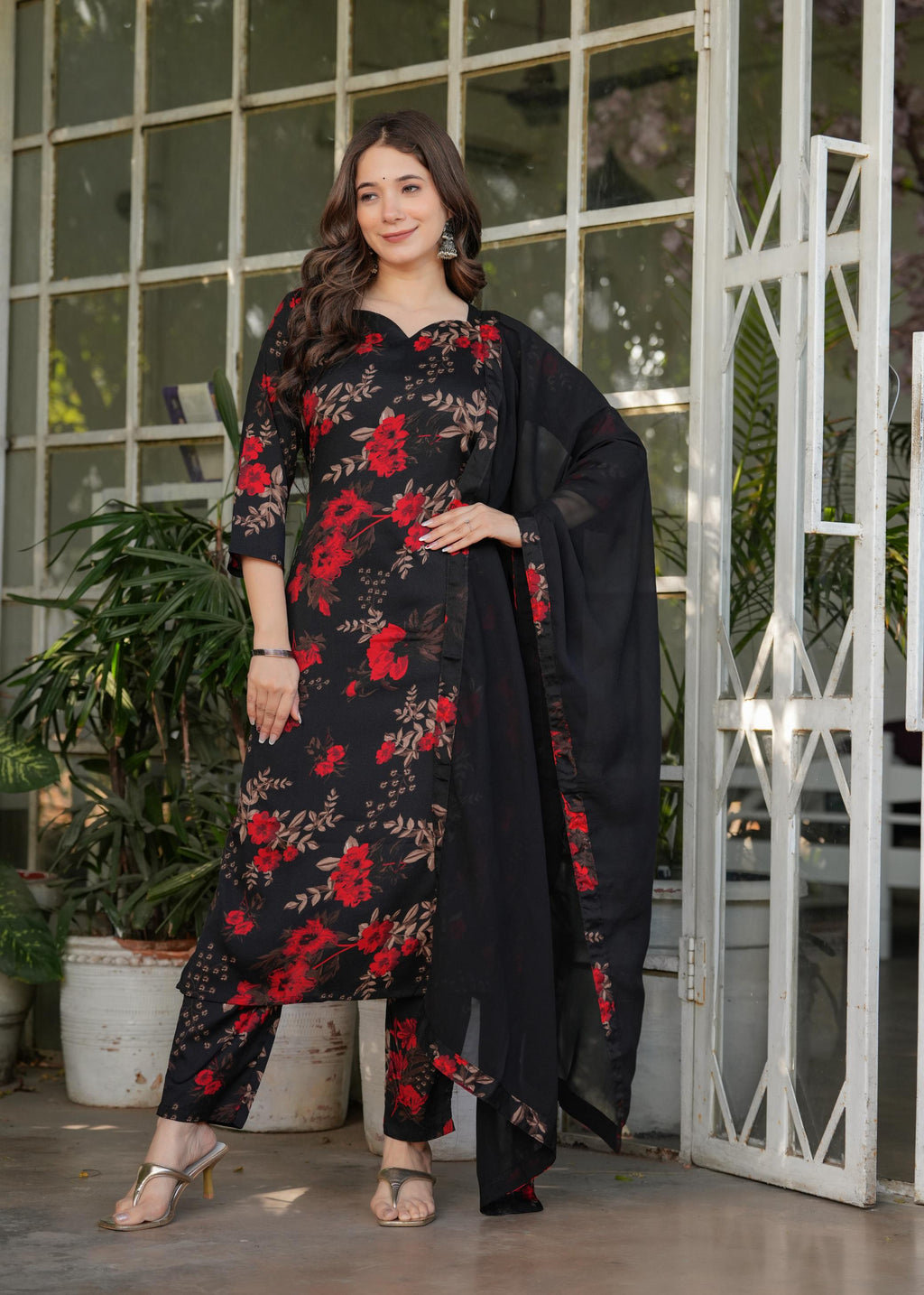 The52 Women's Printed Silk Blend Fabric Straight Kurta, Pant and Dupatta Set - Distacart