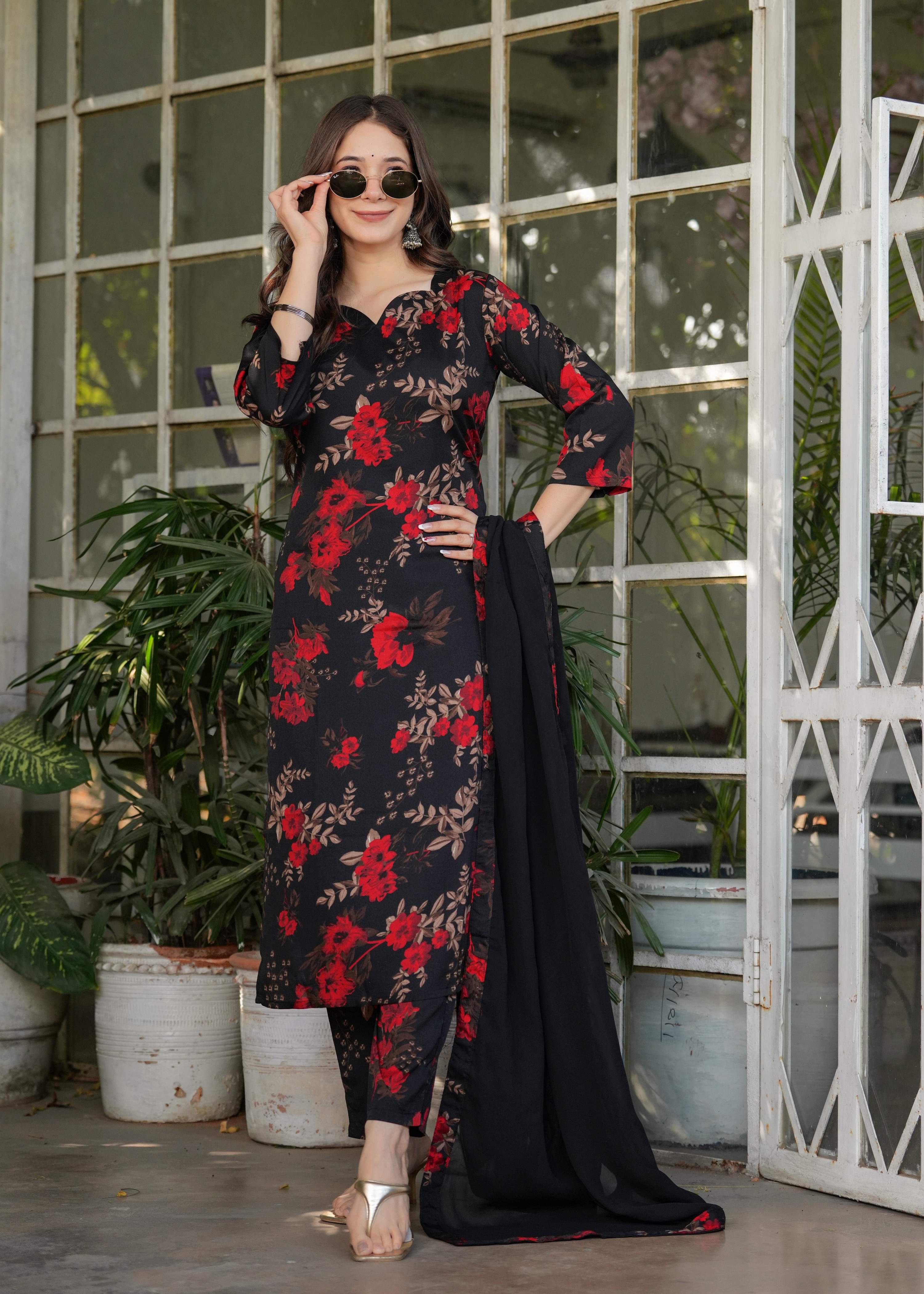 Teeya Creation Black Color Silk Blend Digital Print Fully Stitched Kurti Set - Distacart