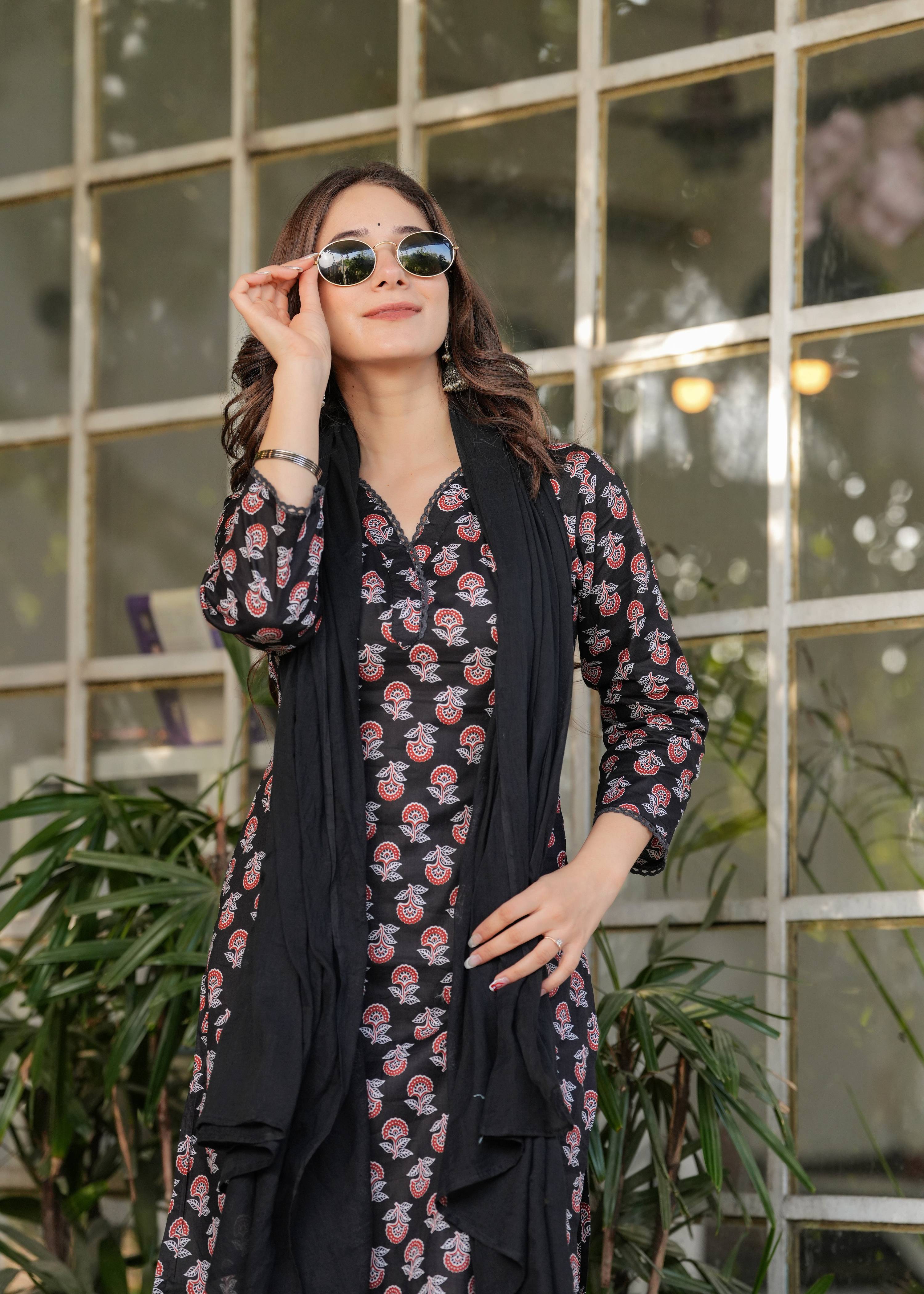 Teeya Creation Black Color Pure Cotton Digital Print Fully Stitched Kurti Set - Distacart