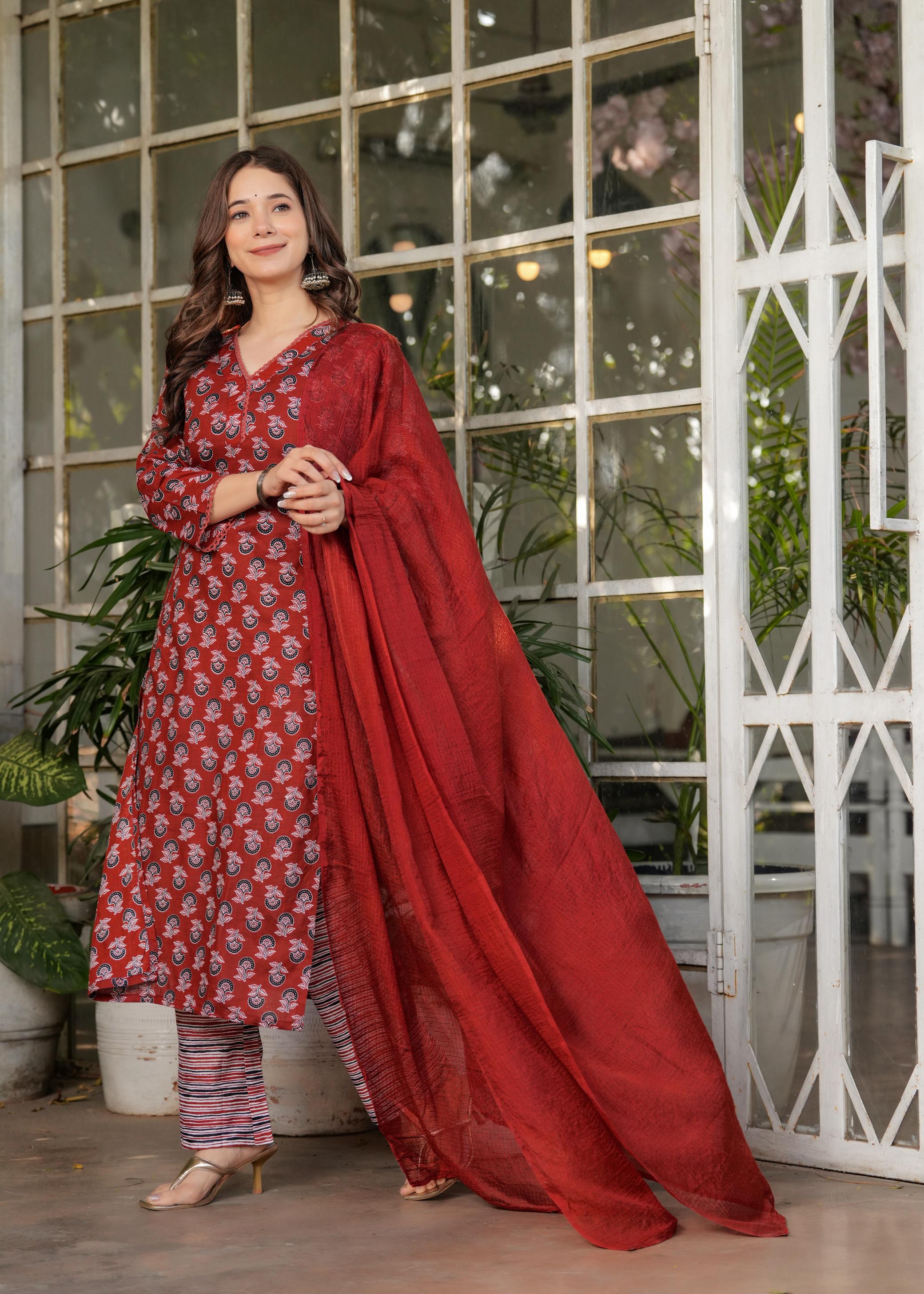 The52 Women's Printed Pure Cotton Fabric Straight Kurta, Pant and Dupatta Set - Distacart