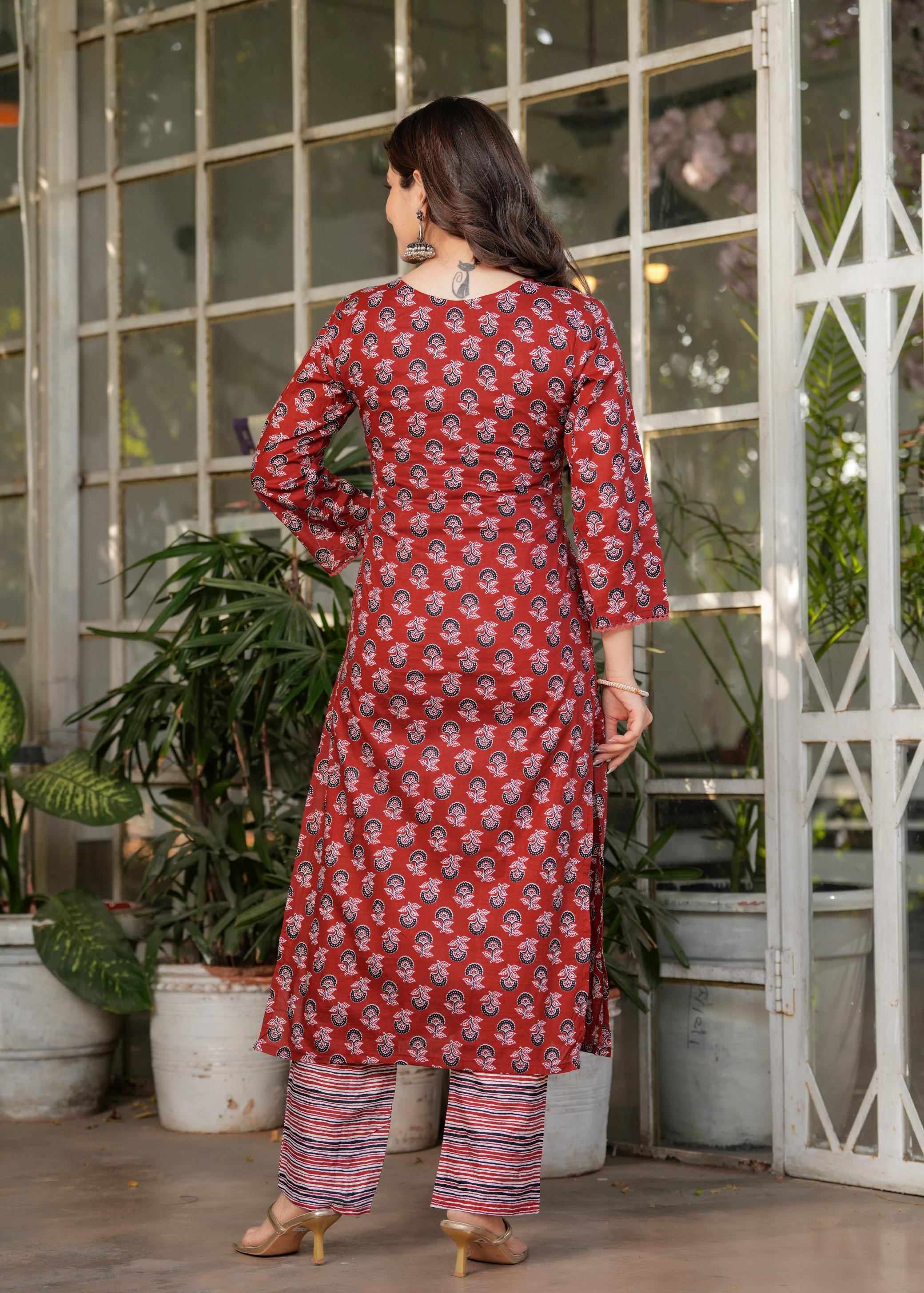 The52 Women's Printed Pure Cotton Fabric Straight Kurta, Pant and Dupatta Set - Distacart