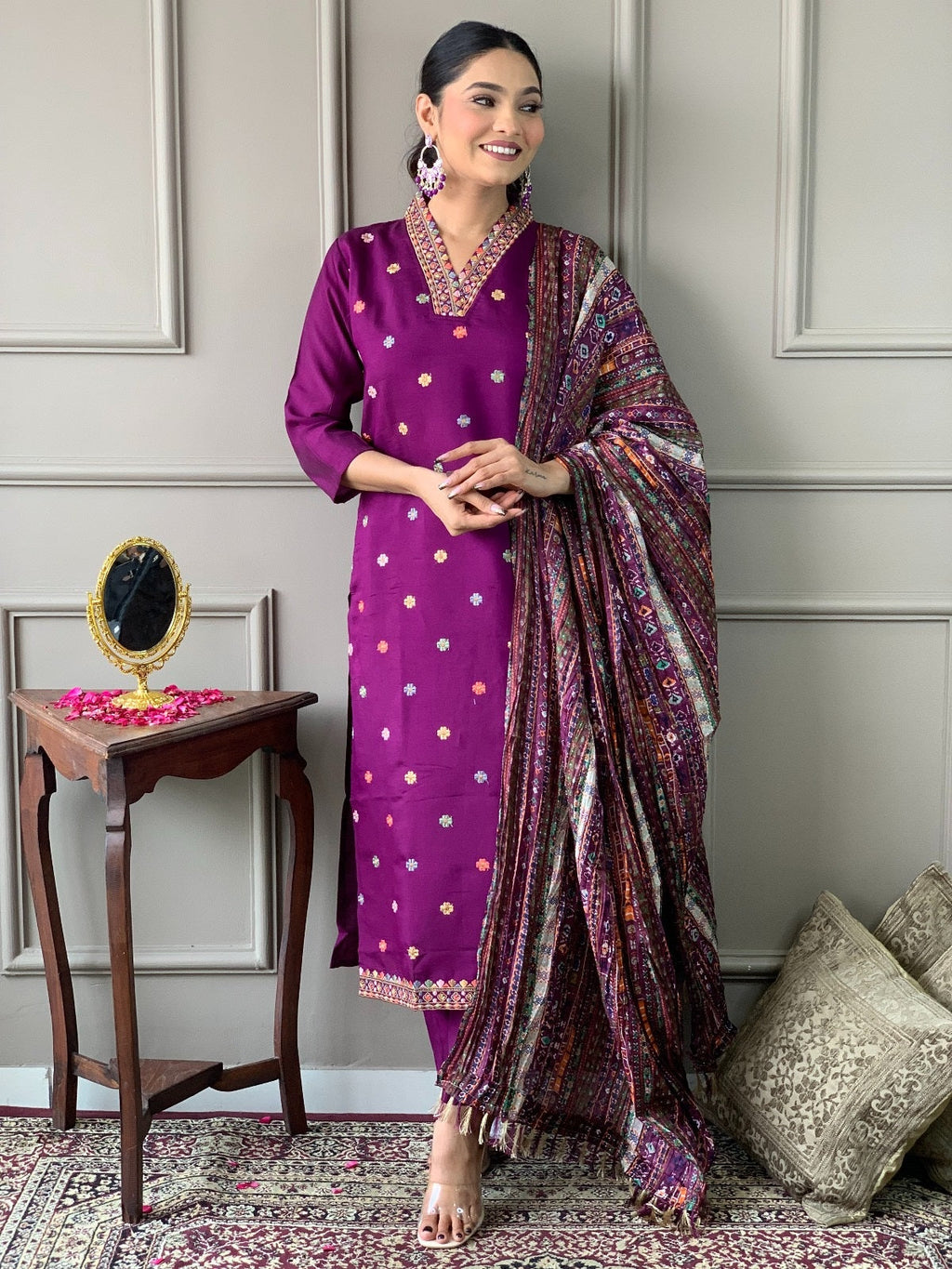 Teeya Creation Dark Wine Color Viscose Chanderi Embroidery Work Fully Stitched Kurti Set - Distacart