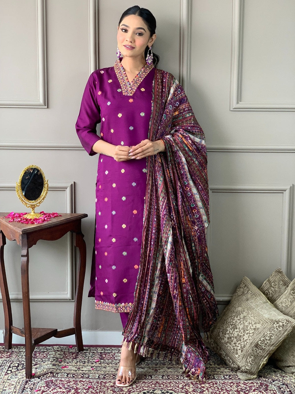 Teeya Creation Dark Wine Color Viscose Chanderi Embroidery Work Fully Stitched Kurti Set - Distacart