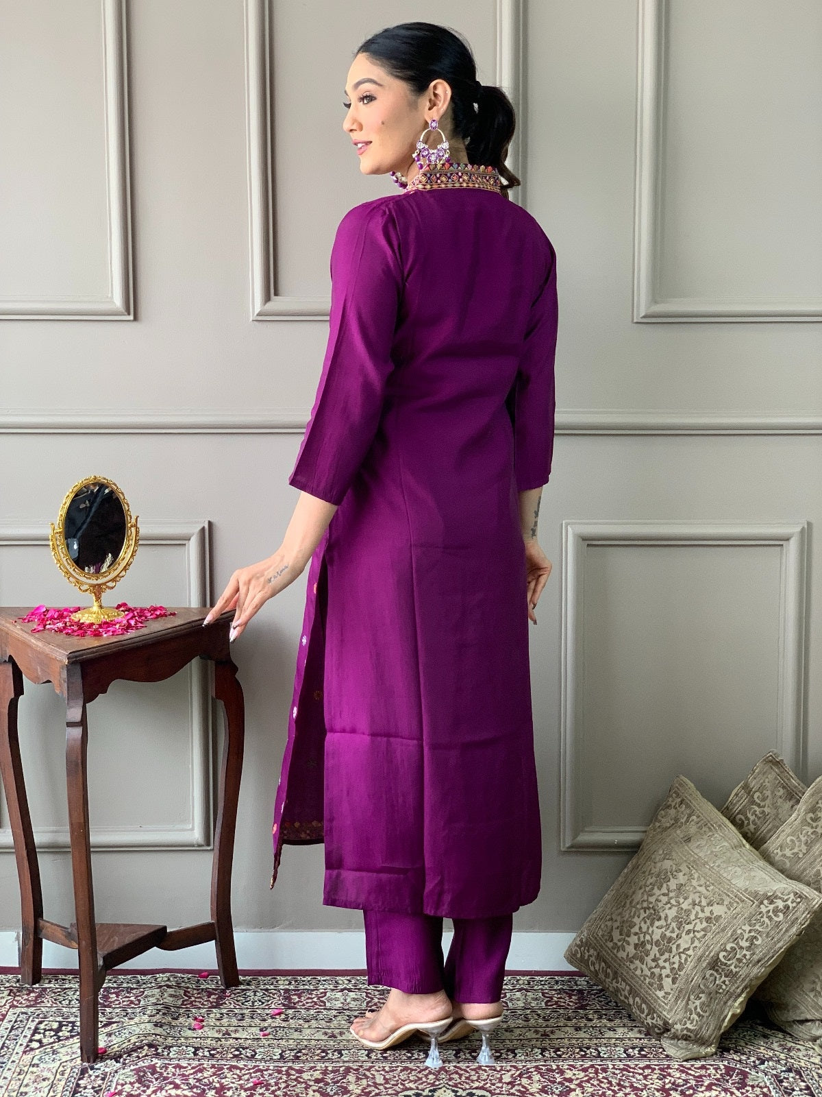 Teeya Creation Dark Wine Color Viscose Chanderi Embroidery Work Fully Stitched Kurti Set - Distacart