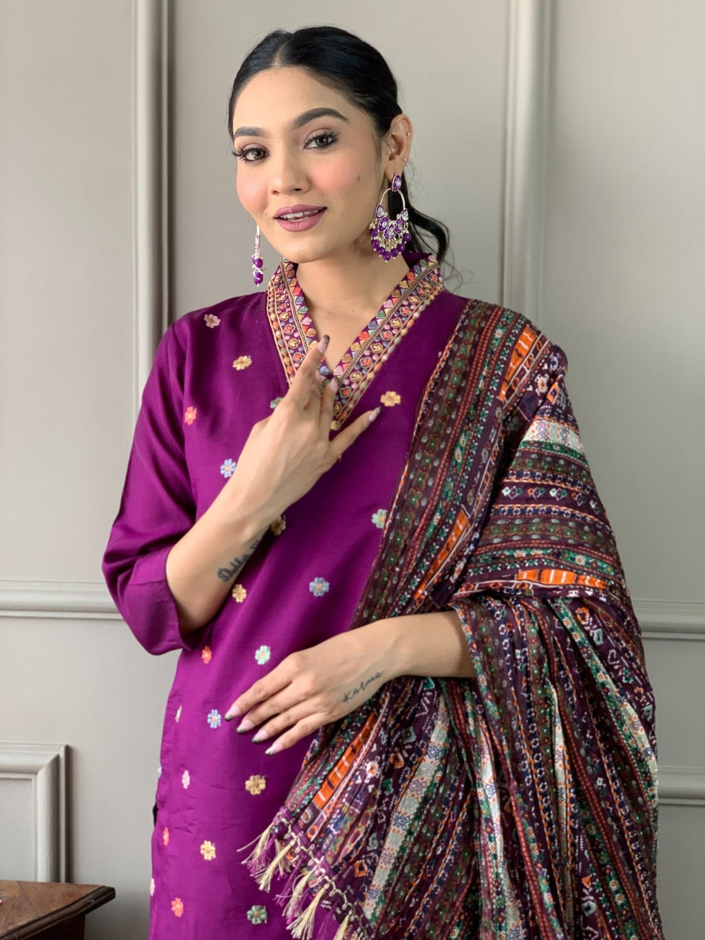 Teeya Creation Dark Wine Color Viscose Chanderi Embroidery Work Fully Stitched Kurti Set - Distacart