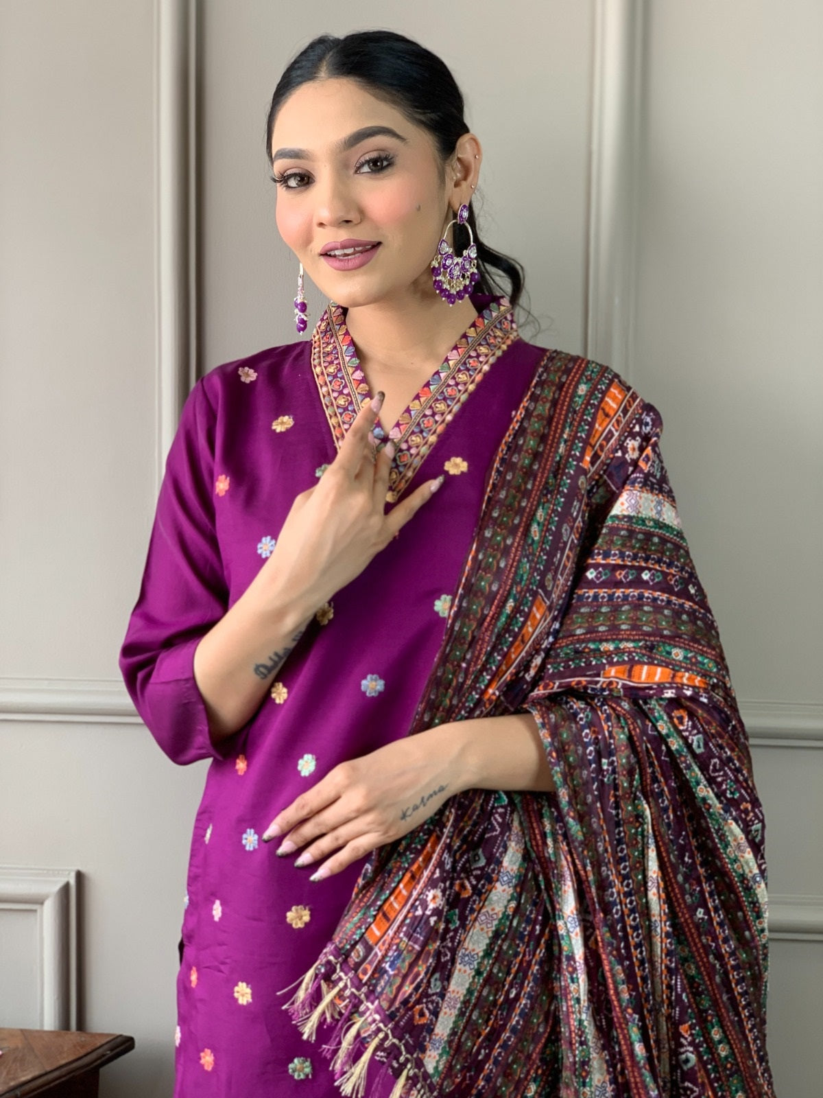 Teeya Creation Dark Wine Color Viscose Chanderi Embroidery Work Fully Stitched Kurti Set - Distacart