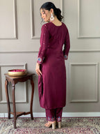 The52 Wine Embroidered Viscose Chanderi Fabric Straight Kurta, Pant and Dupatta Set - Distacart