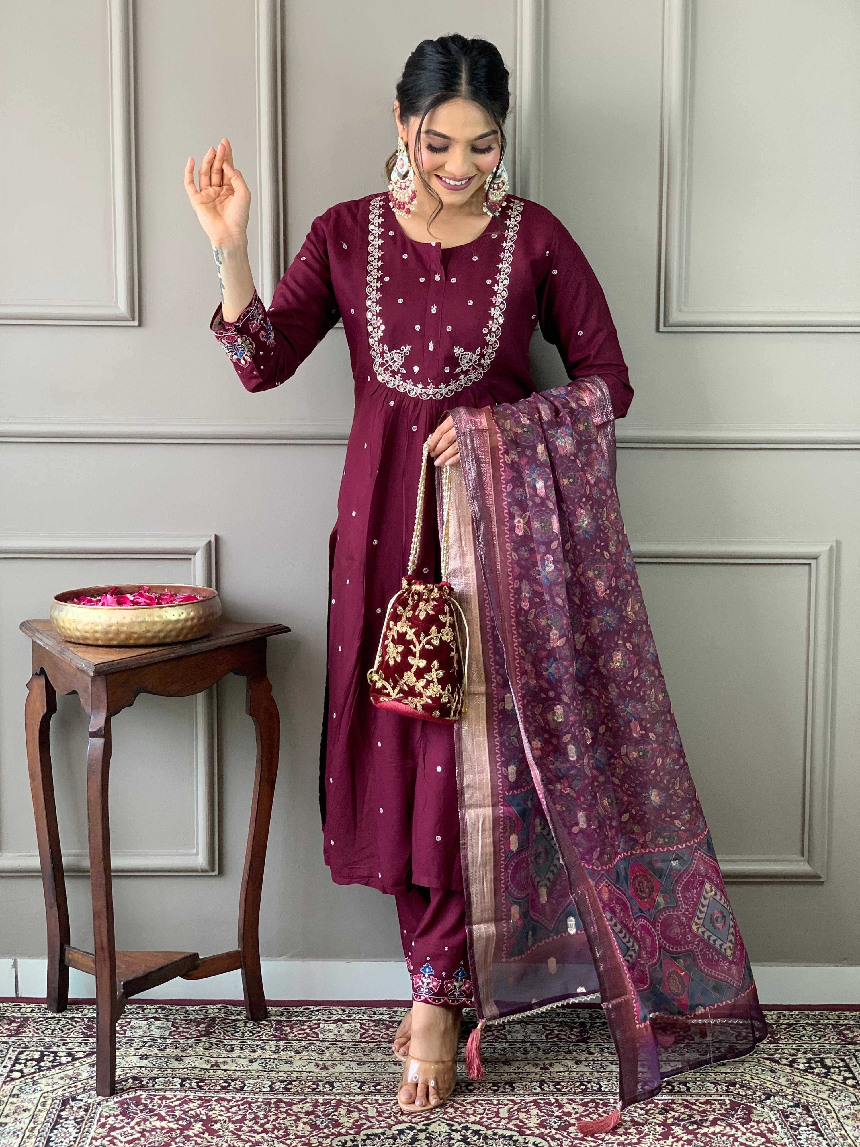The52 Wine Embroidered Viscose Chanderi Fabric Straight Kurta, Pant and Dupatta Set - Distacart