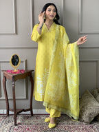 The52 Yellow Embroidered Rayon Fabric Straight Kurta, Pant and Dupatta Set - Distacart