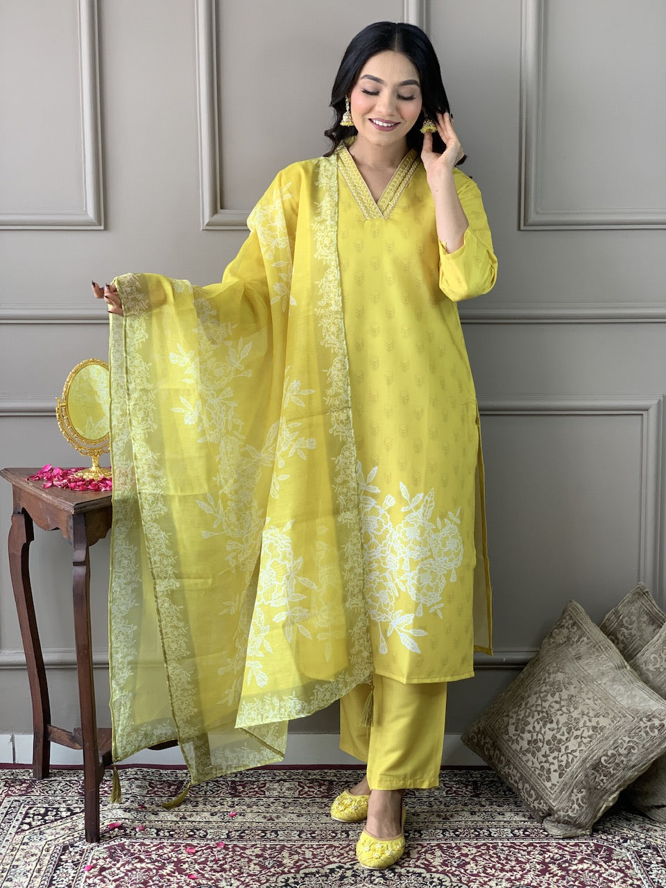 Teeya Creation Olive Color Muslin Silk With Digital Print And Embroidery Work Fully Stitched Kurti Set - Distacart