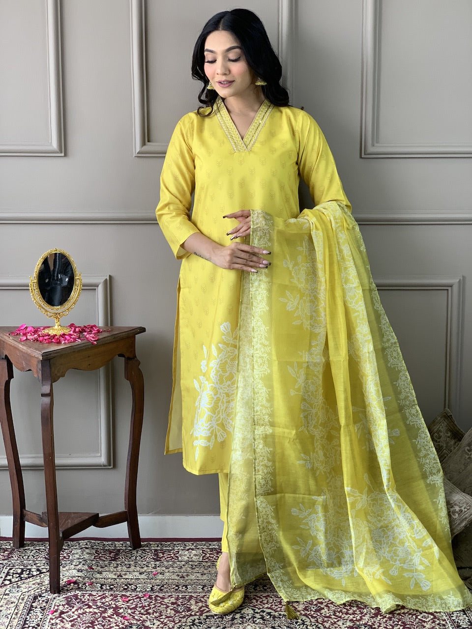 The52 Yellow Embroidered Rayon Fabric Straight Kurta, Pant and Dupatta Set - Distacart