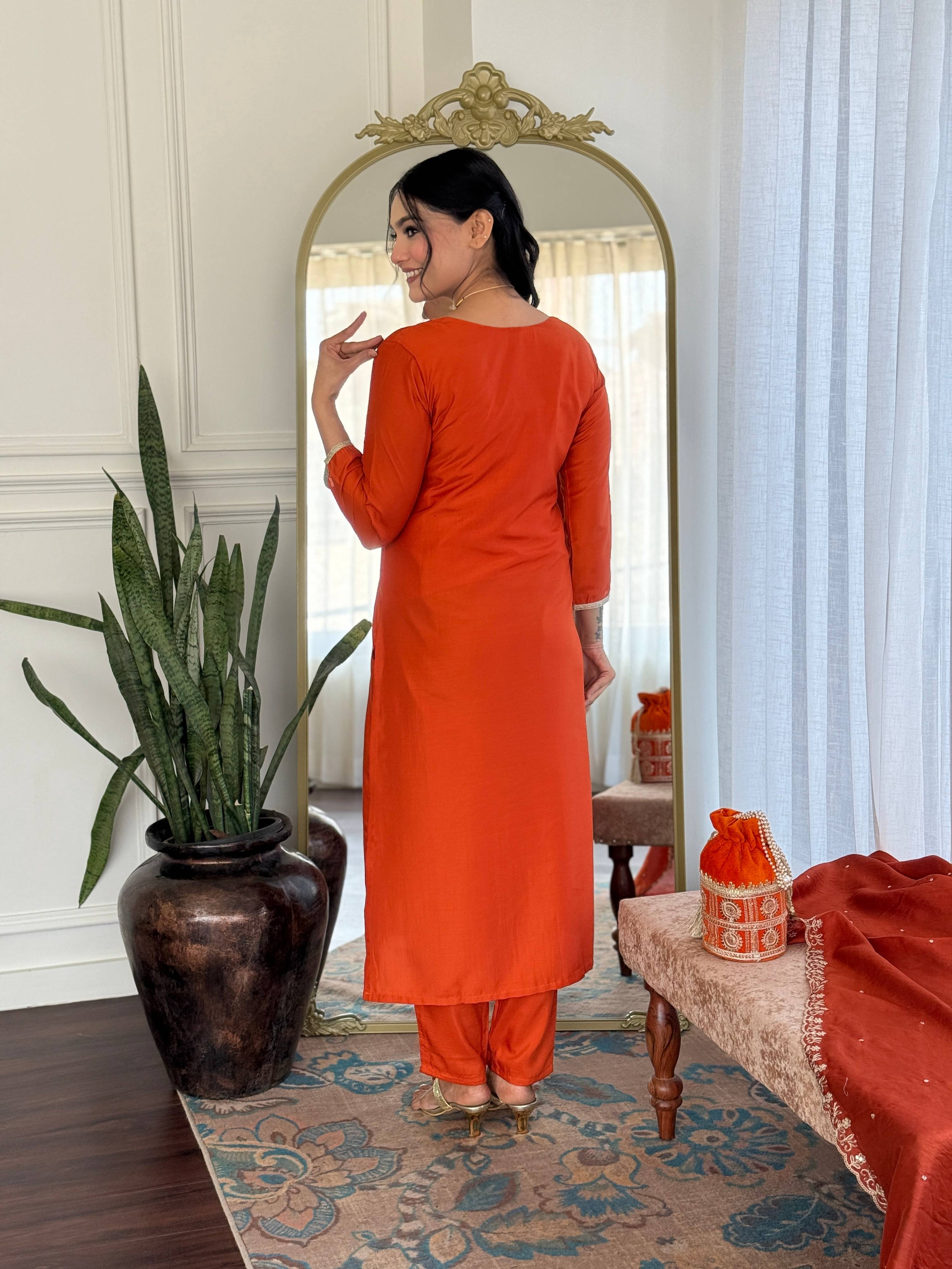 The52 Women's Beautiful Viscose Chinon Embroidered Straight Kurta with Pant And Dupatta Set - Distacart