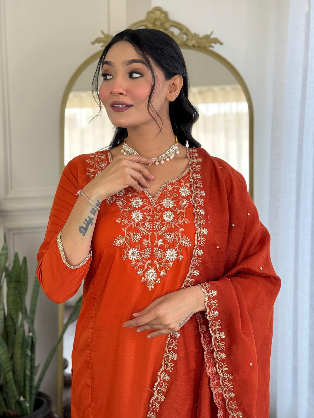 The52 Women's Beautiful Viscose Chinon Embroidered Straight Kurta with Pant And Dupatta Set - Distacart