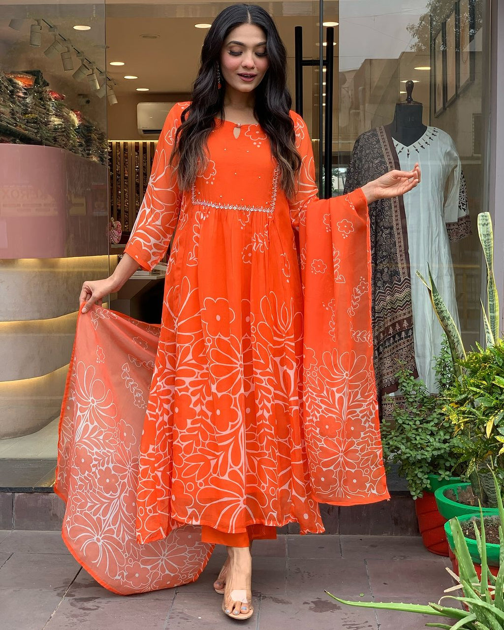 Teeya Creation Orange Color Faux Georgette With Digital Print And Embroidery Work Fully Stitched Kurti Set - Distacart