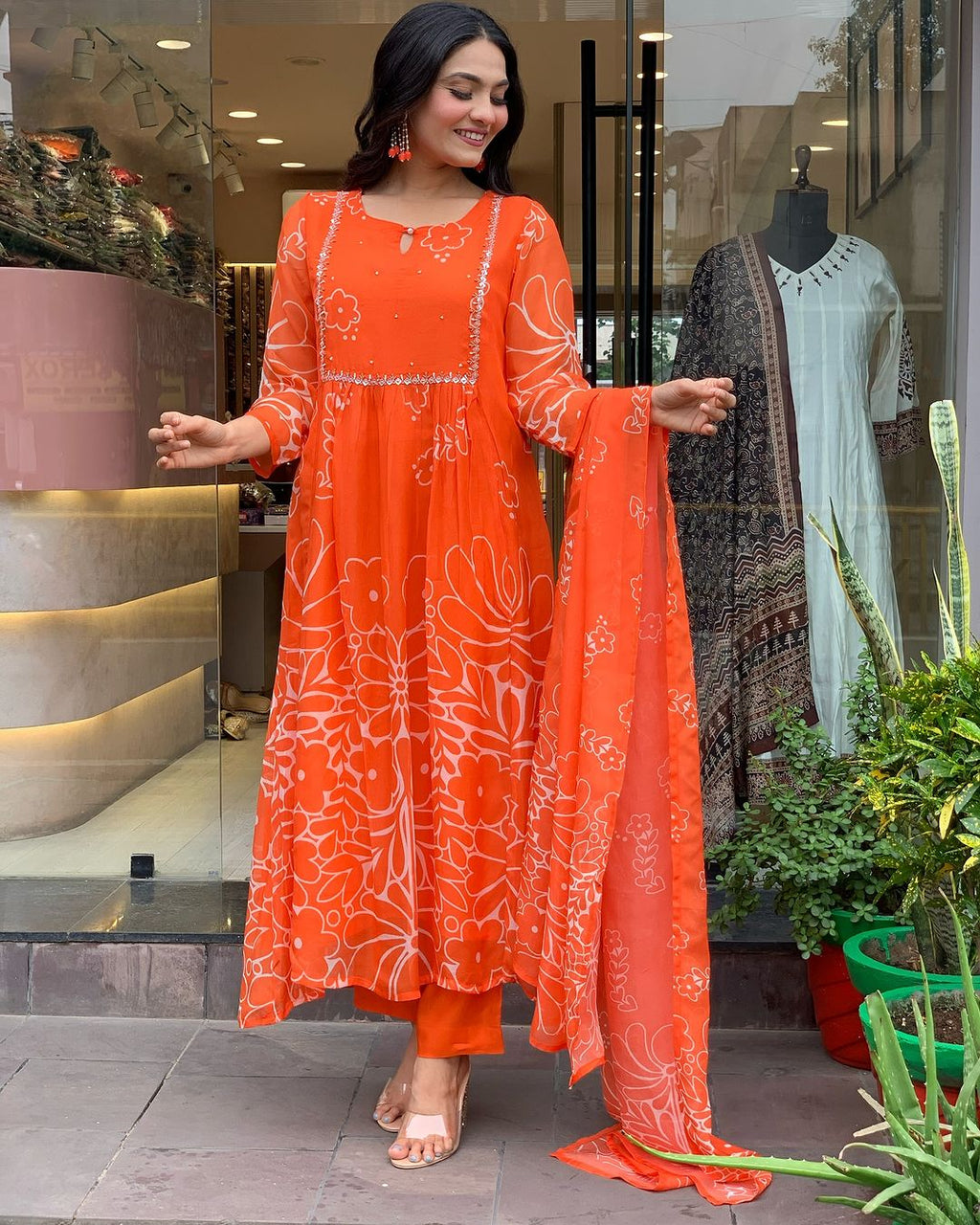 Teeya Creation Orange Color Faux Georgette With Digital Print And Embroidery Work Fully Stitched Kurti Set - Distacart