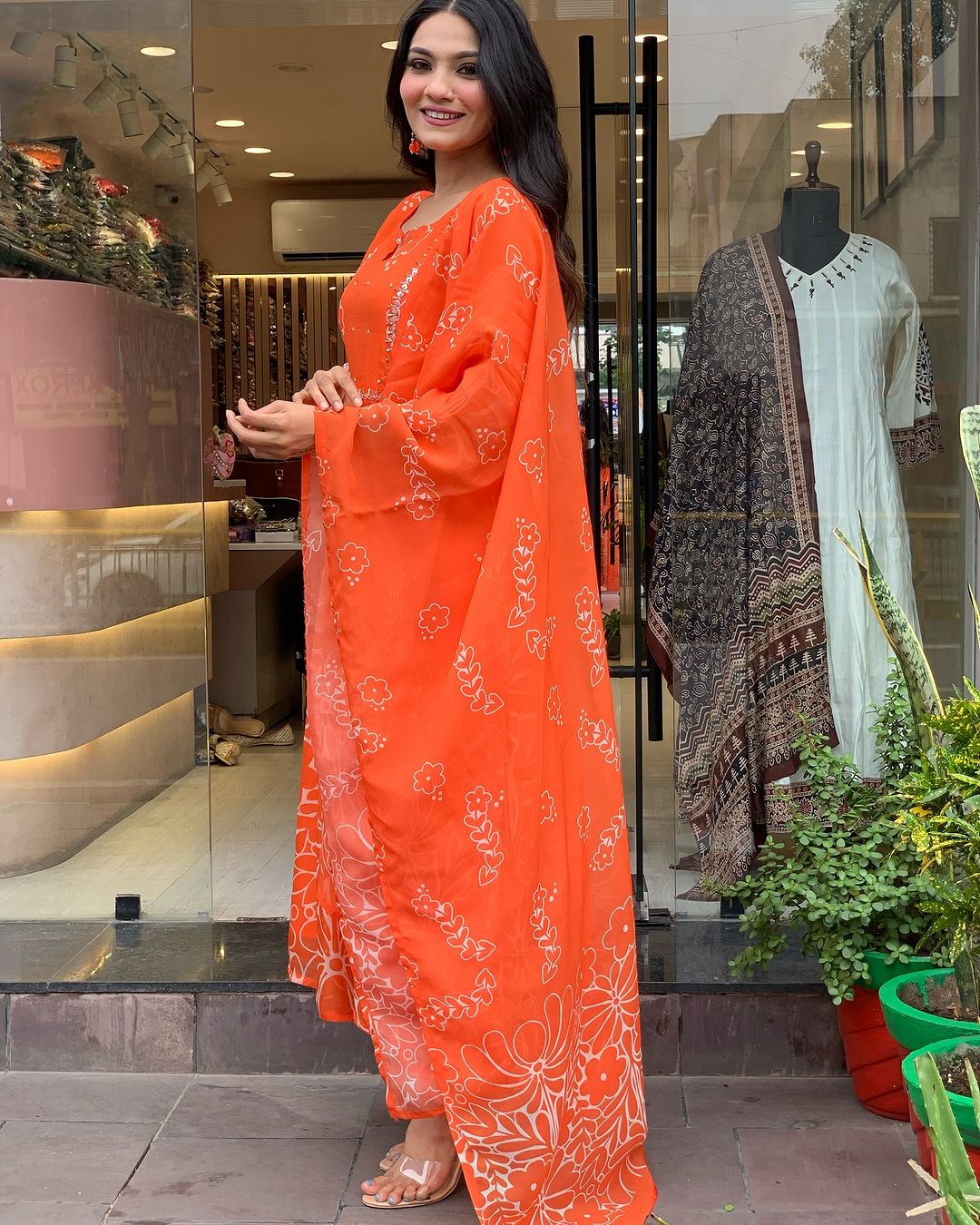 Teeya Creation Orange Color Faux Georgette With Digital Print And Embroidery Work Fully Stitched Kurti Set - Distacart