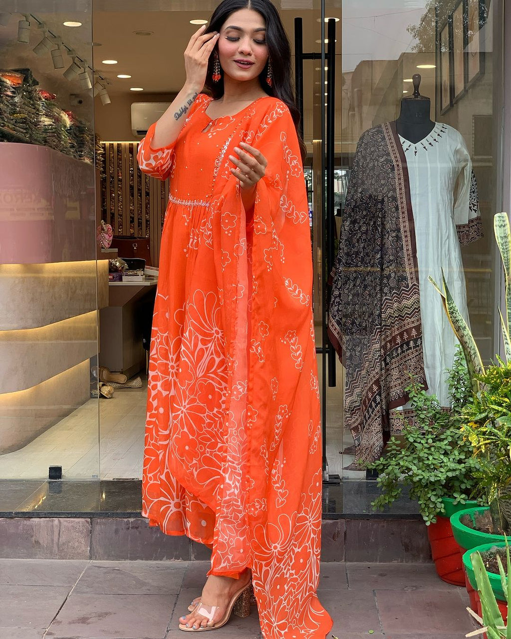Teeya Creation Orange Color Faux Georgette With Digital Print And Embroidery Work Fully Stitched Kurti Set - Distacart