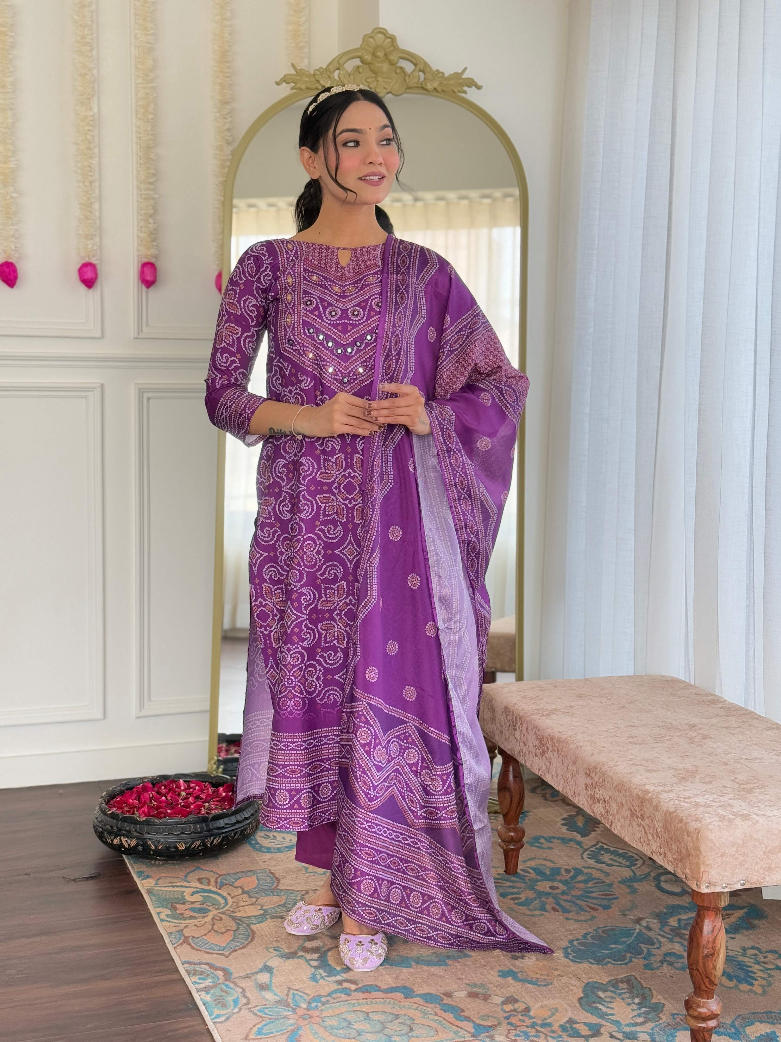 Teeya Creation Purple Color French Crepe With Digital Print And Embroidery Work Fully Stitched Kurti Set - Distacart