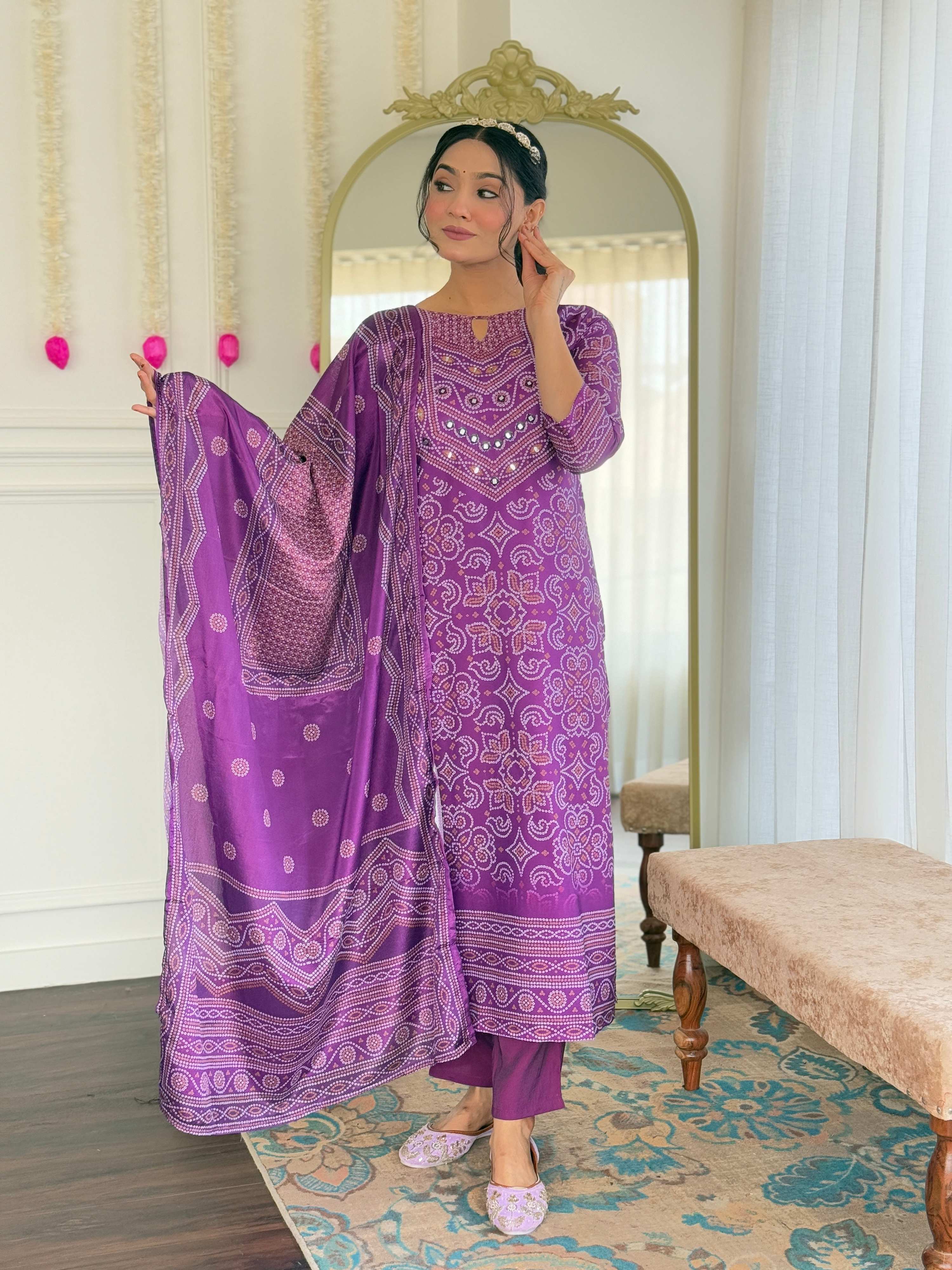 Teeya Creation Purple Color French Crepe With Digital Print And Embroidery Work Fully Stitched Kurti Set - Distacart