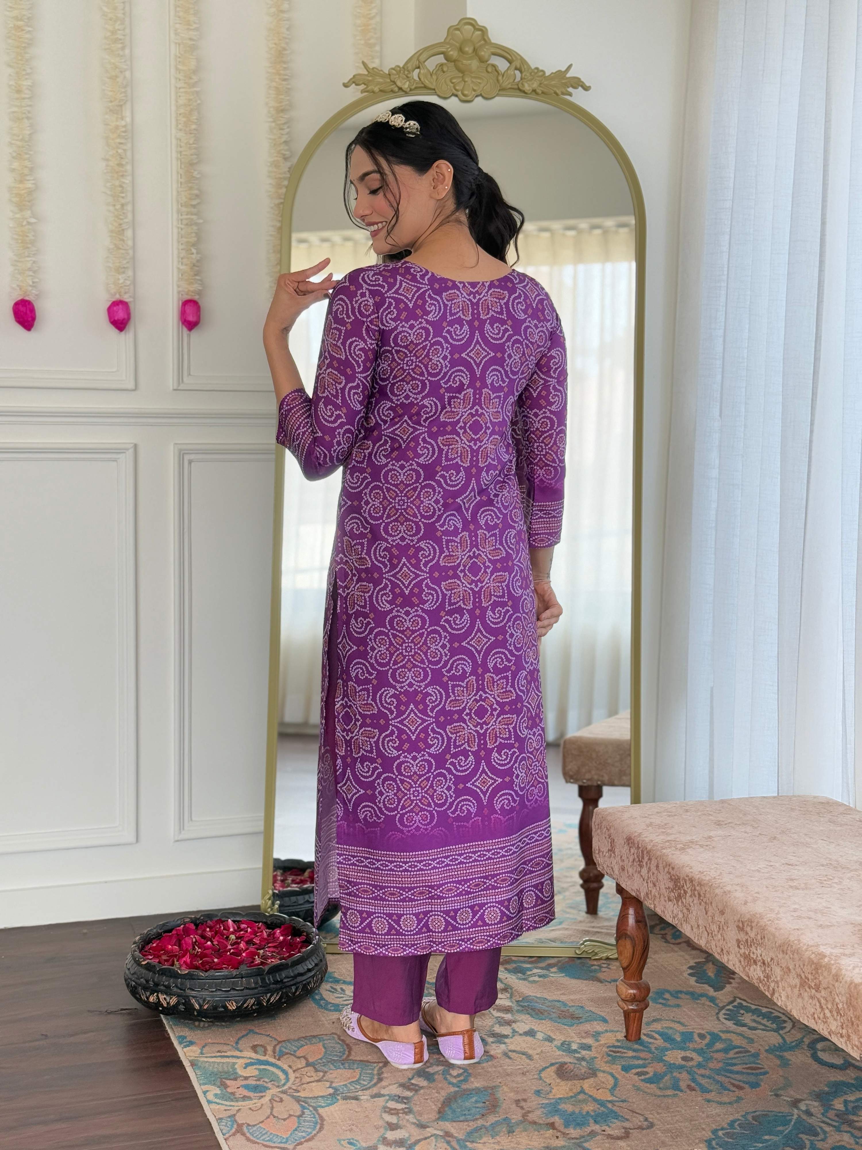 Teeya Creation Purple Color French Crepe With Digital Print And Embroidery Work Fully Stitched Kurti Set - Distacart