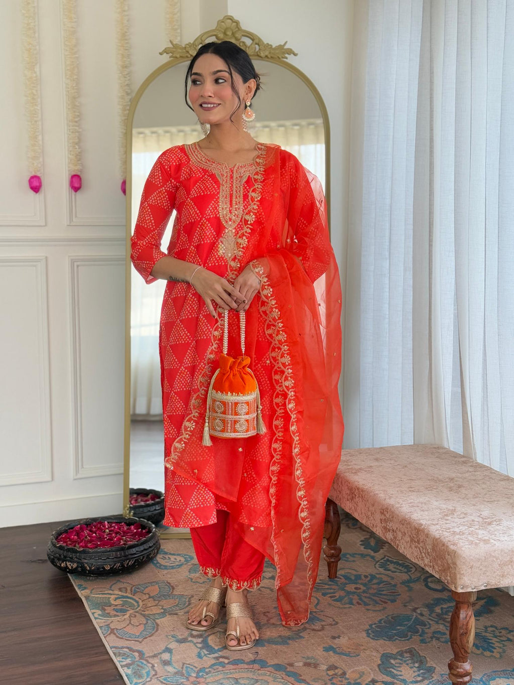 The52 Red French Crepe Fabric Straight Kurta, Pant and Dupatta Set - Distacart