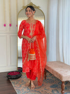 The52 Red French Crepe Fabric Straight Kurta, Pant and Dupatta Set - Distacart