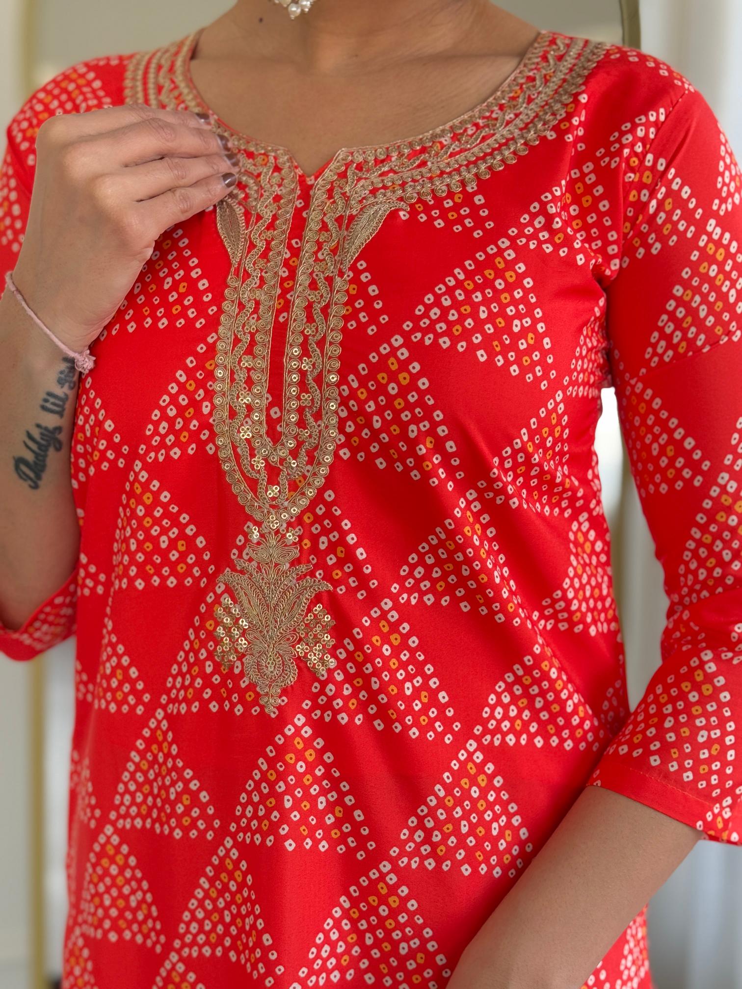 The52 Red French Crepe Fabric Straight Kurta, Pant and Dupatta Set - Distacart