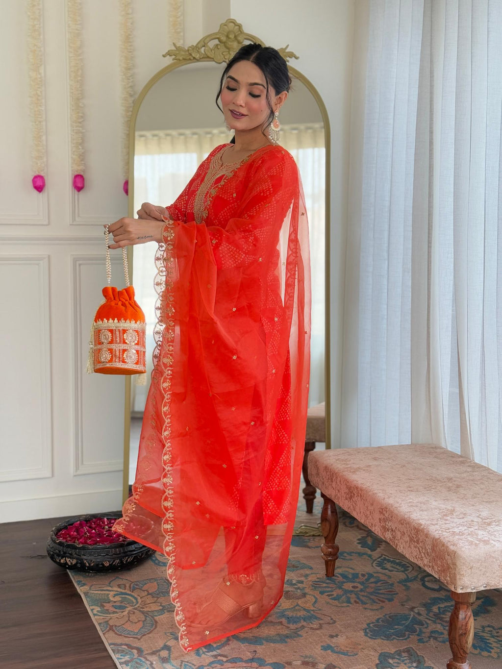 The52 Red French Crepe Fabric Straight Kurta, Pant and Dupatta Set - Distacart