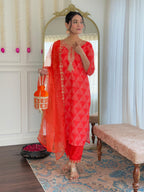 The52 Red French Crepe Fabric Straight Kurta, Pant and Dupatta Set - Distacart