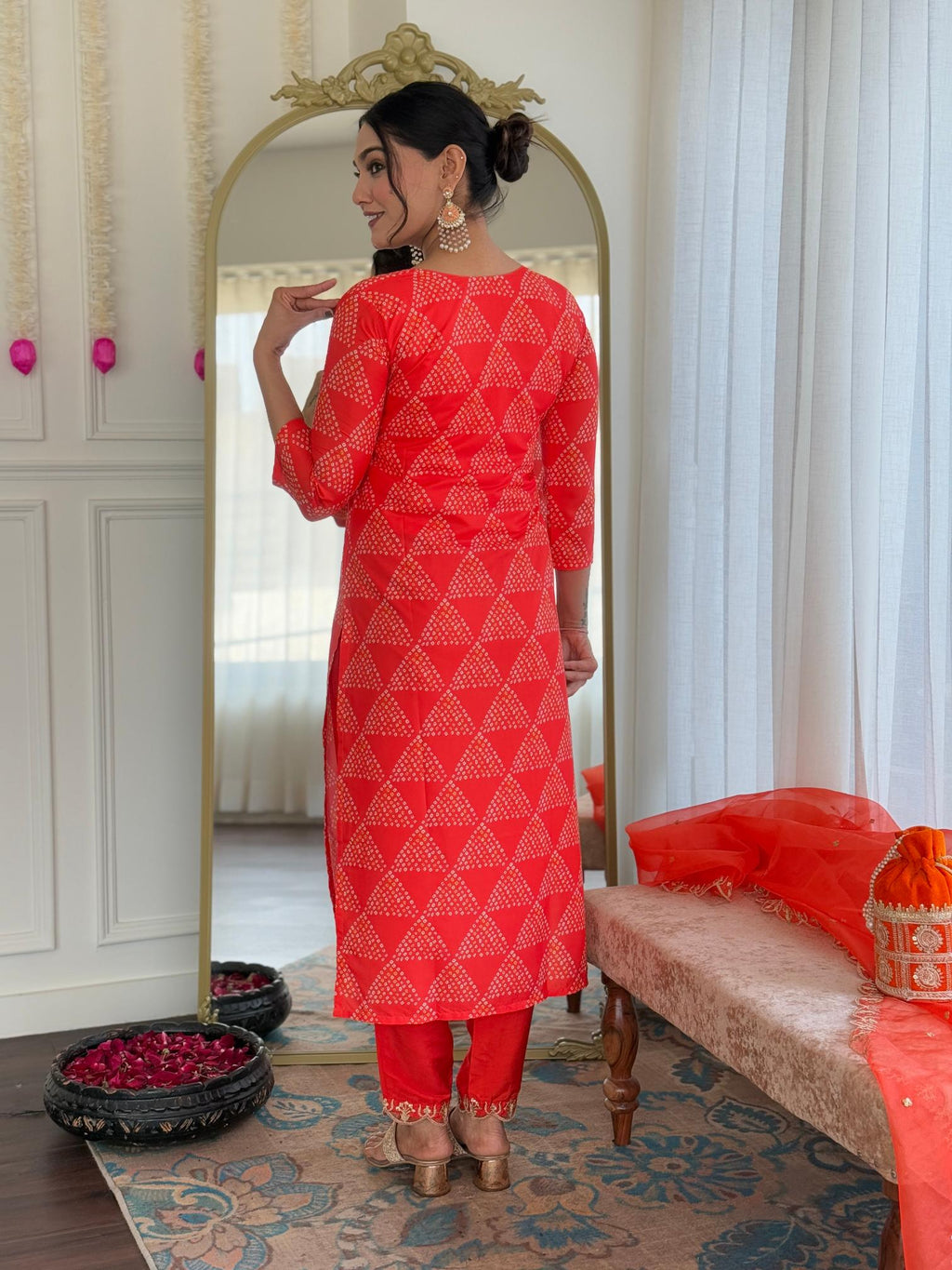 The52 Red French Crepe Fabric Straight Kurta, Pant and Dupatta Set - Distacart