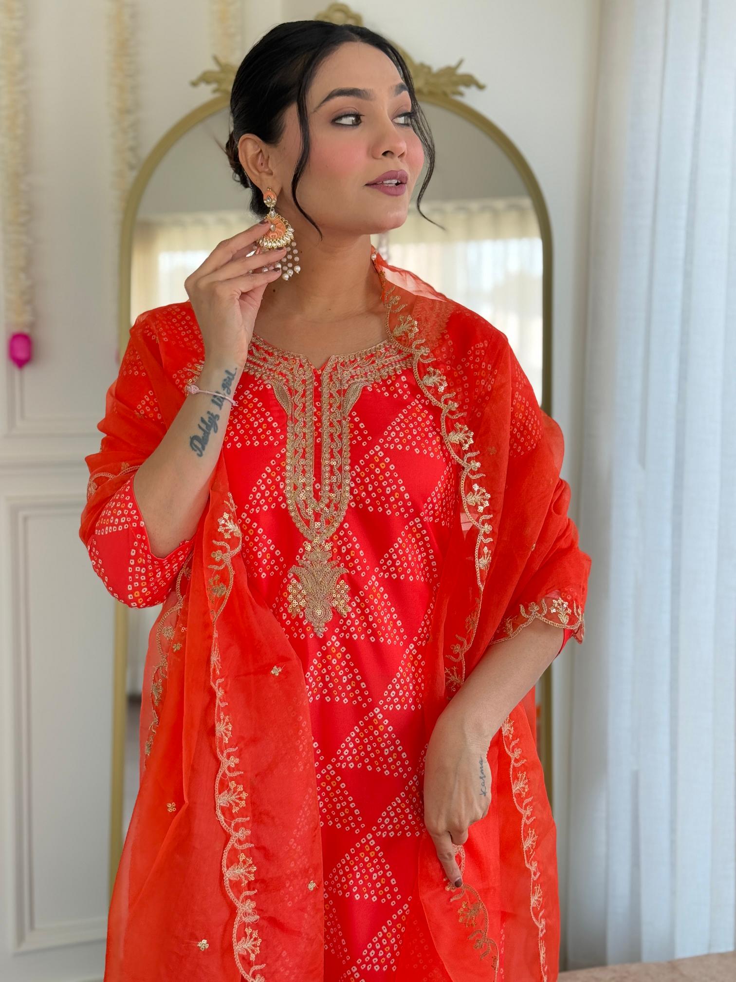 The52 Red French Crepe Fabric Straight Kurta, Pant and Dupatta Set - Distacart