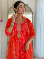The52 Red French Crepe Fabric Straight Kurta, Pant and Dupatta Set - Distacart