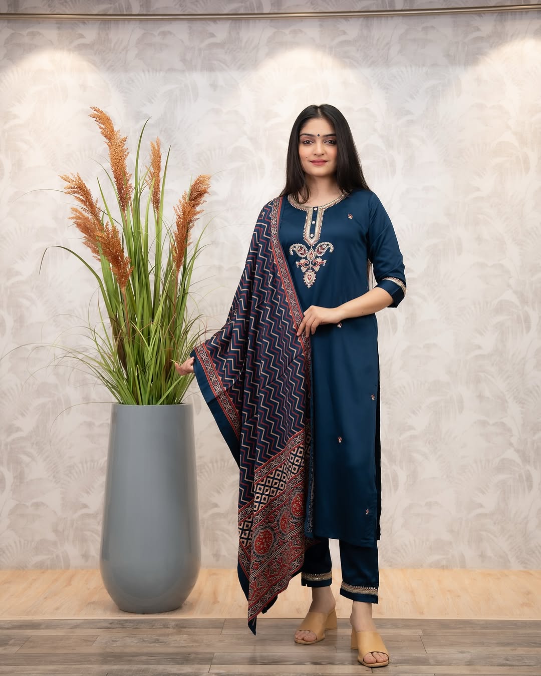 The52 Women's Gorgeous Chanderi Silk Embroidery Straight Kurta with Pant and Dupatta Set - Distacart