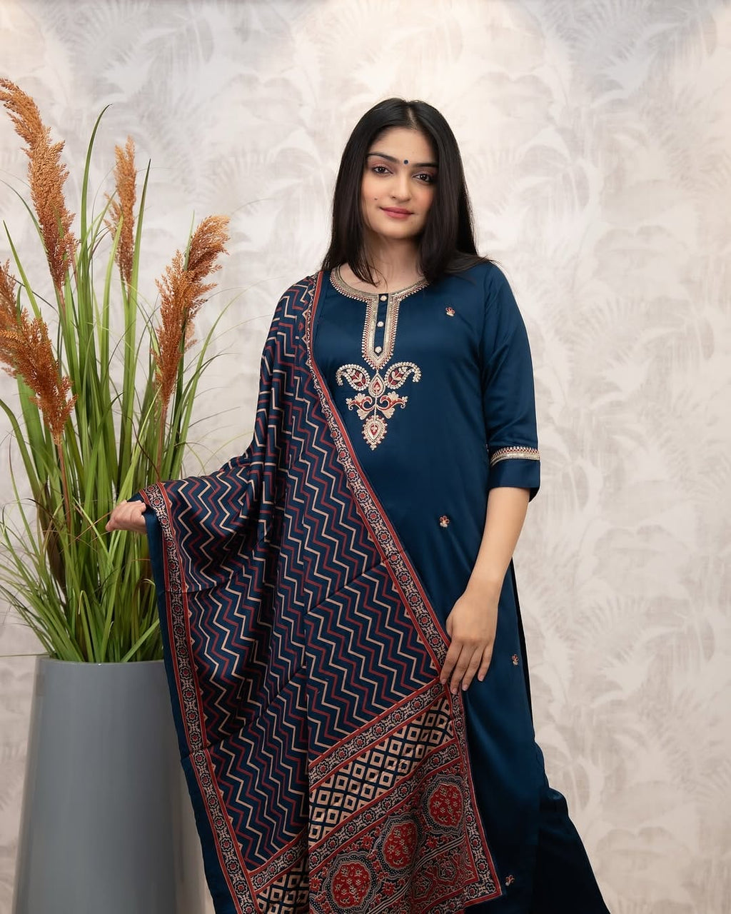 The52 Women's Gorgeous Chanderi Silk Embroidery Straight Kurta with Pant and Dupatta Set - Distacart