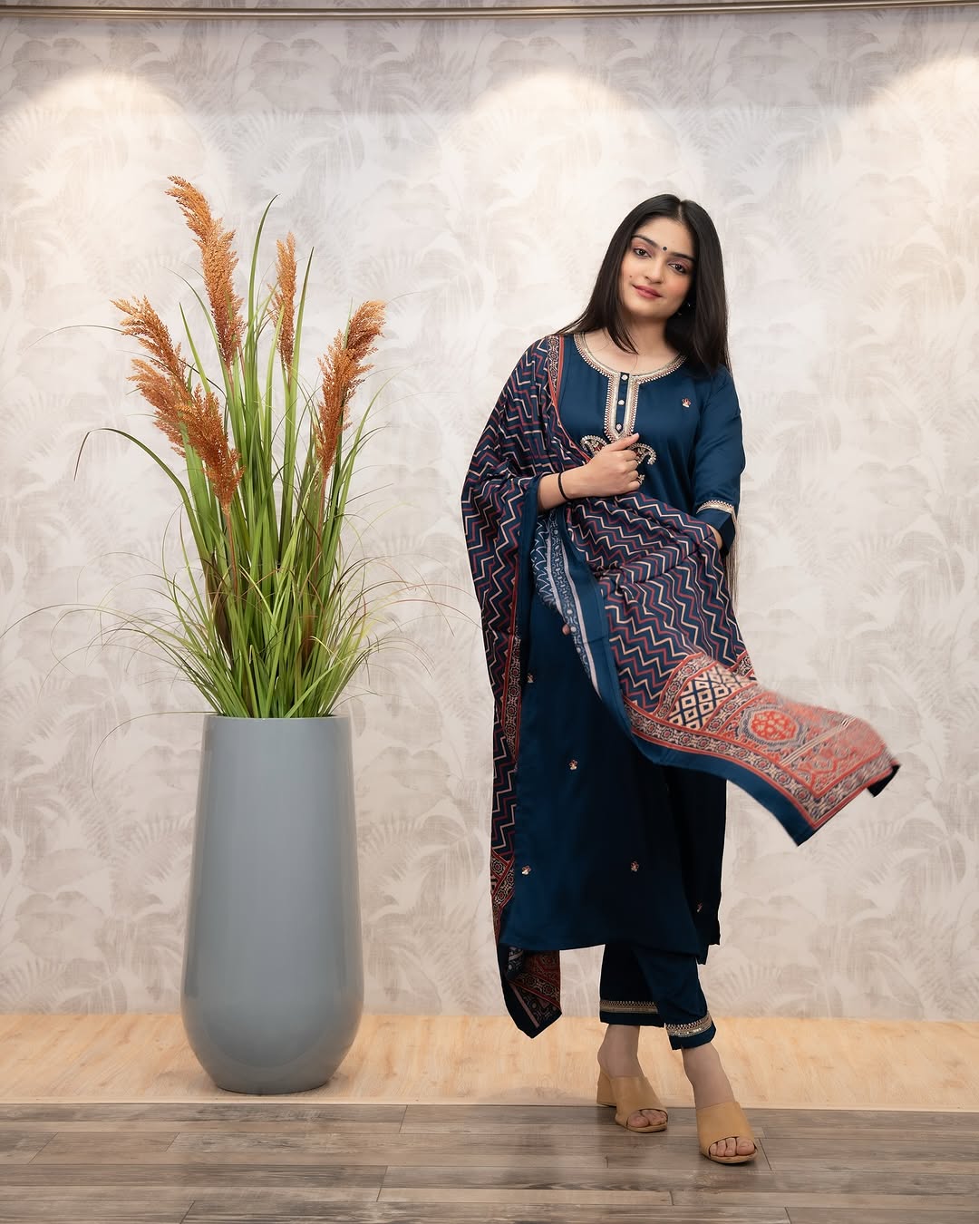 The52 Women's Gorgeous Chanderi Silk Embroidery Straight Kurta with Pant and Dupatta Set - Distacart