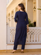 Teeya Creation Navy Blue Color Rayon Embroidery Work Fully Stitched Kurti Set - Distacart