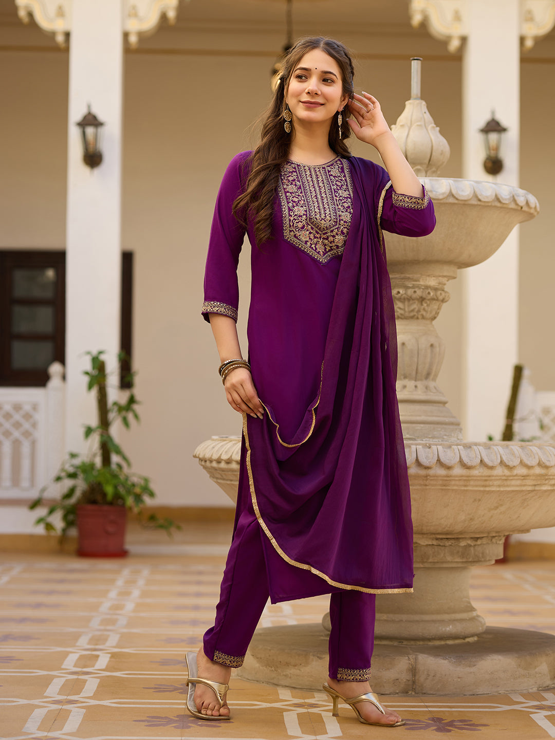 Teeya Creation Wine Color Rayon Embroidery Work Fully Stitched Kurti Set - Distacart