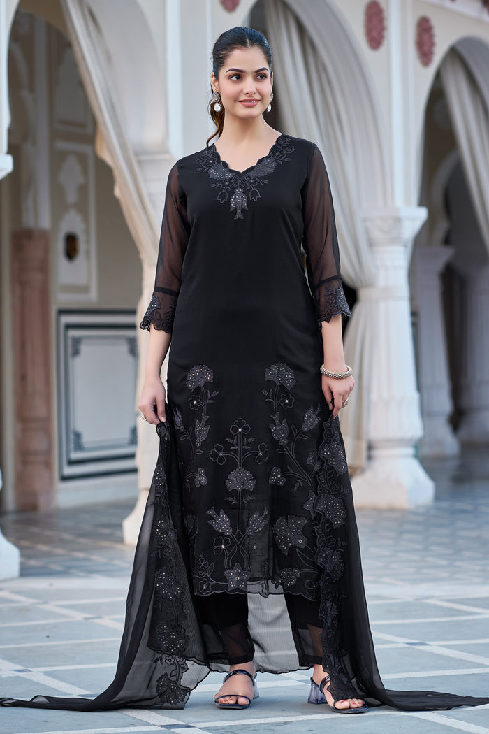 The52 Women's Gorgeous Fox Georgette Embroidery Straight Kurta with Pant and Dupatta Set - Distacart