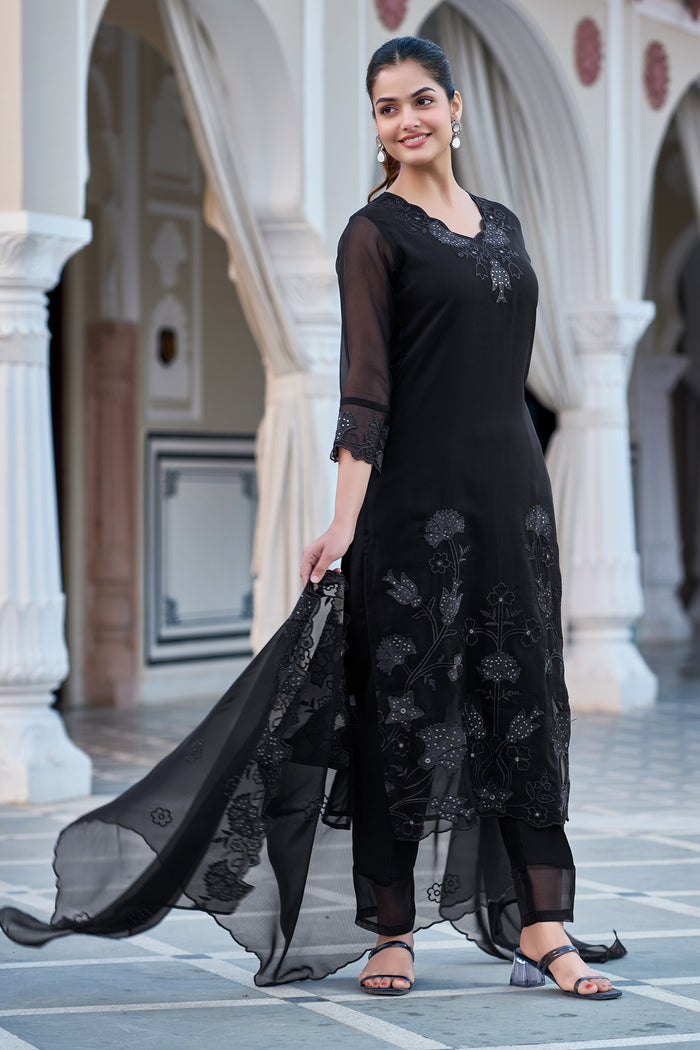 The52 Women's Gorgeous Fox Georgette Embroidery Straight Kurta with Pant and Dupatta Set - Distacart