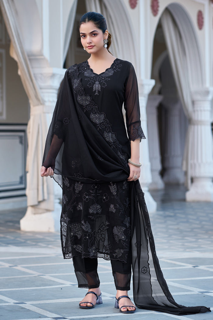 The52 Women's Gorgeous Fox Georgette Embroidery Straight Kurta with Pant and Dupatta Set - Distacart