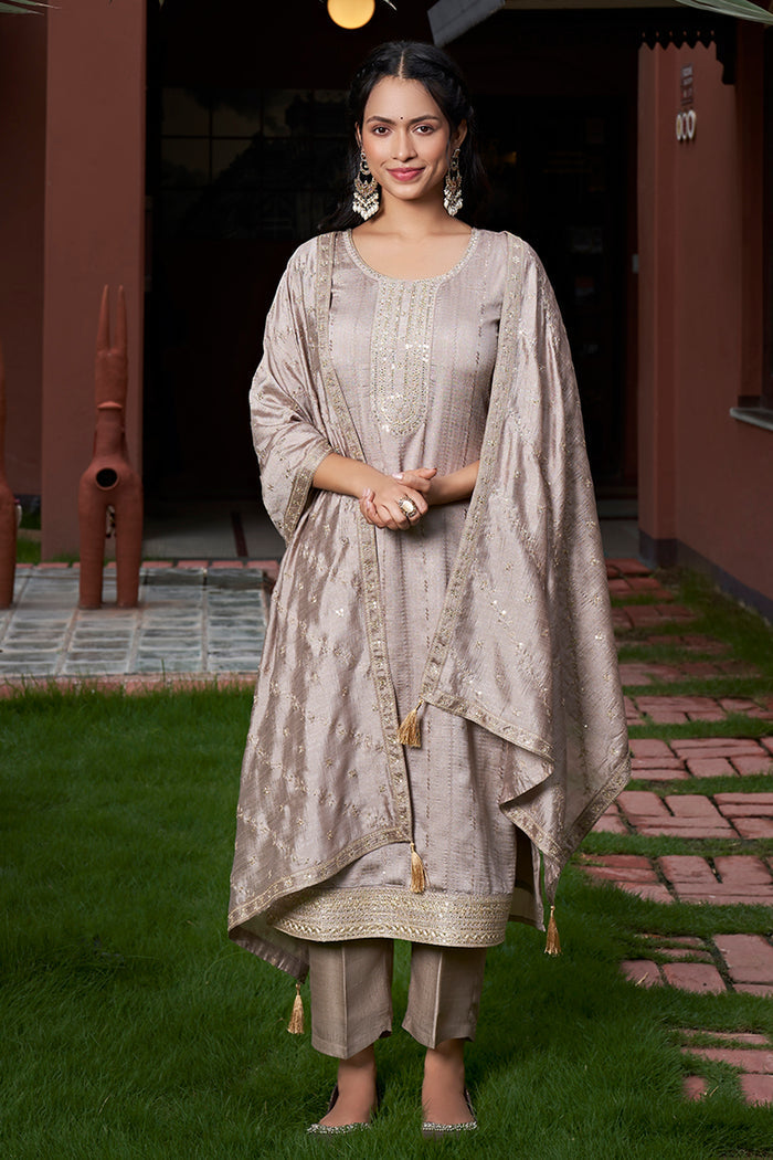 The52 Women's Gorgeous Vichitra Silk Embroidery Straight Kurta with Pant and Dupatta Set - Distacart