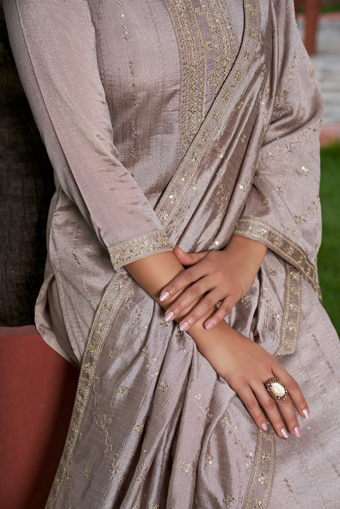 The52 Women's Gorgeous Vichitra Silk Embroidery Straight Kurta with Pant and Dupatta Set - Distacart