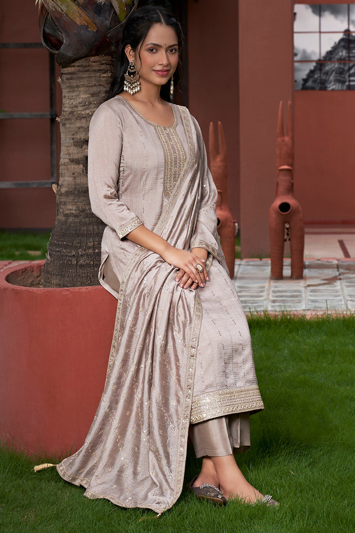 The52 Women's Gorgeous Vichitra Silk Embroidery Straight Kurta with Pant and Dupatta Set - Distacart