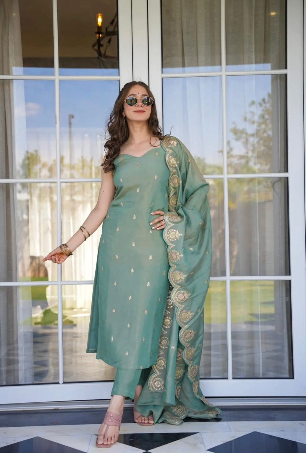 The52 Women Viscose Zari Chanderi Fabric Straight Kurta, Pant and Dupatta Set - Distacart