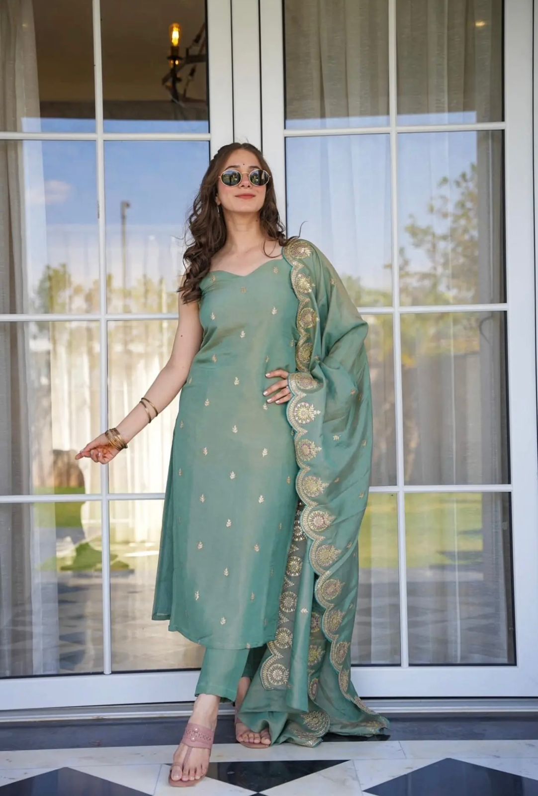 The52 Women Viscose Zari Chanderi Fabric Straight Kurta, Pant and Dupatta Set - Distacart